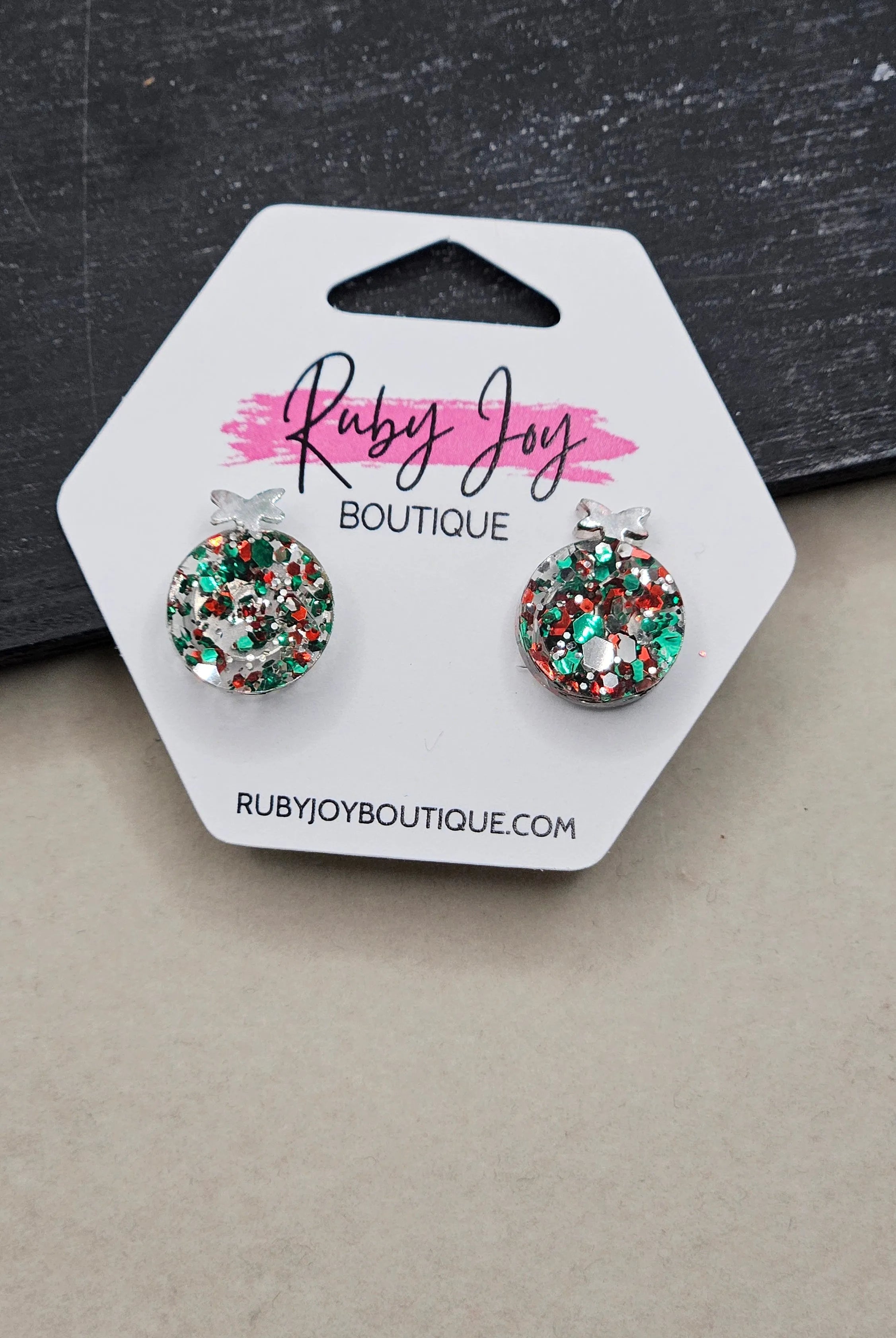 Shop Glitter Christmas Ornament Stud Earrings- at Ruby Joy Boutique, a Women's Clothing Store in Pickerington, Ohio