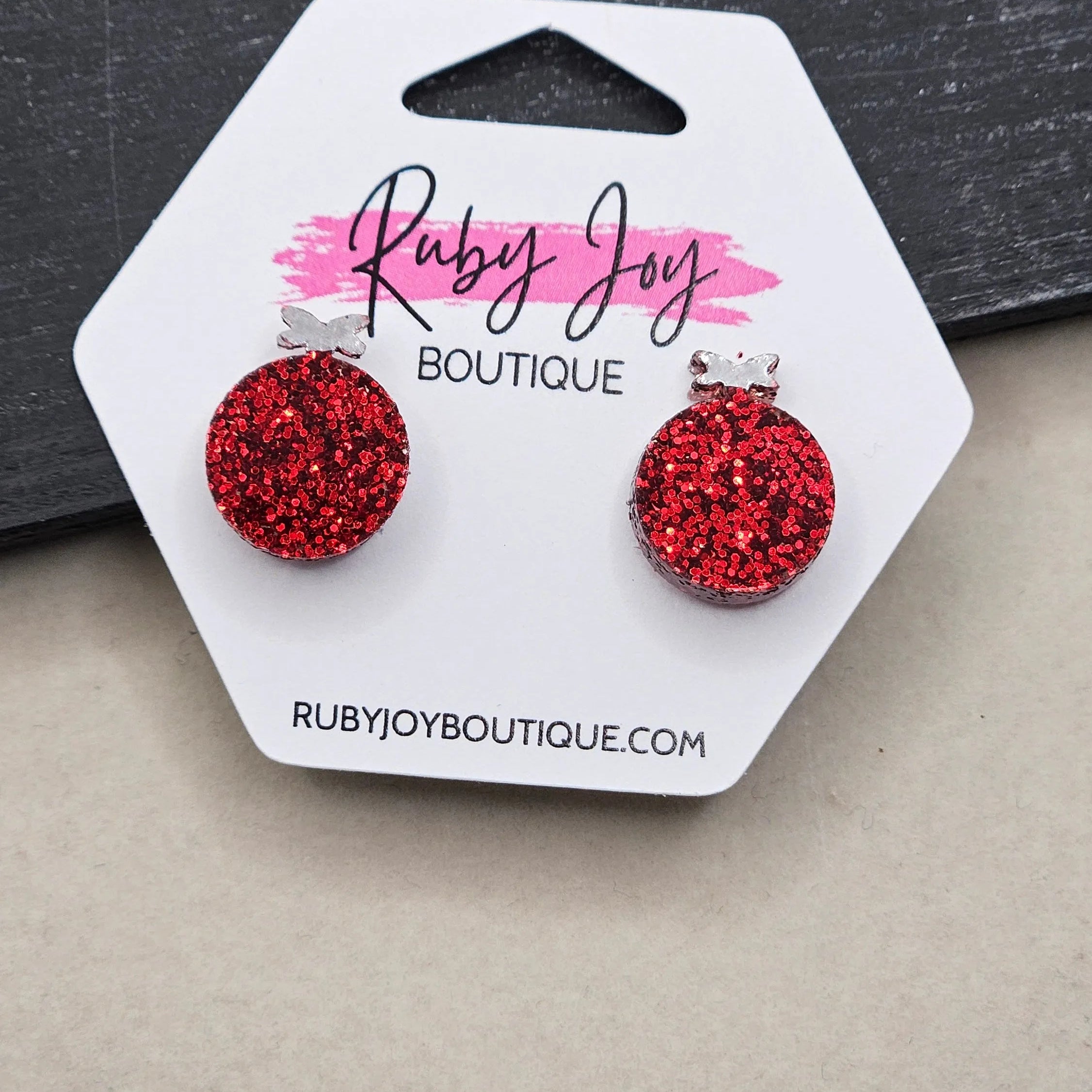 Shop Glitter Christmas Ornament Stud Earrings- at Ruby Joy Boutique, a Women's Clothing Store in Pickerington, Ohio