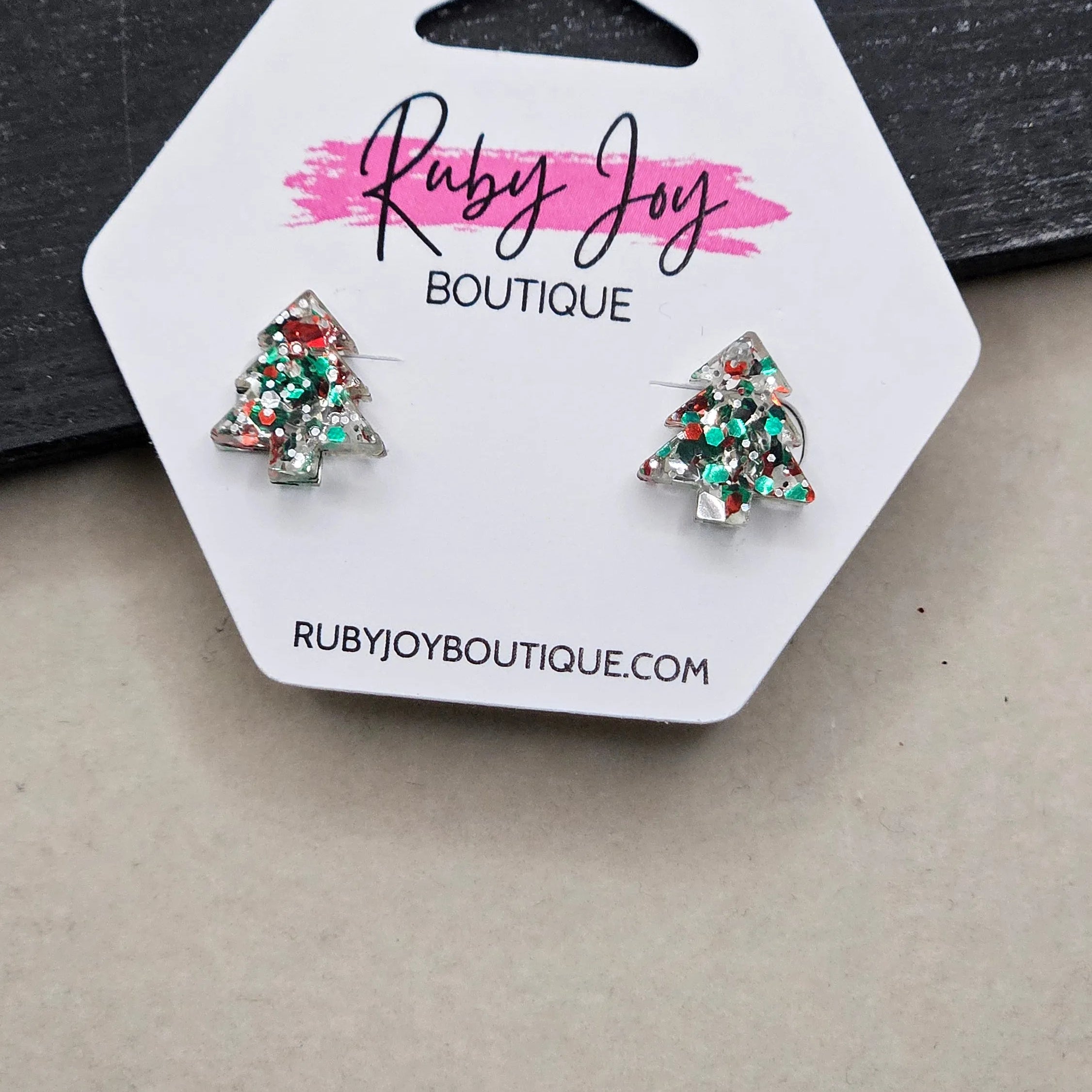 Shop Glitter Christmas Tree Stud Earrings- at Ruby Joy Boutique, a Women's Clothing Store in Pickerington, Ohio