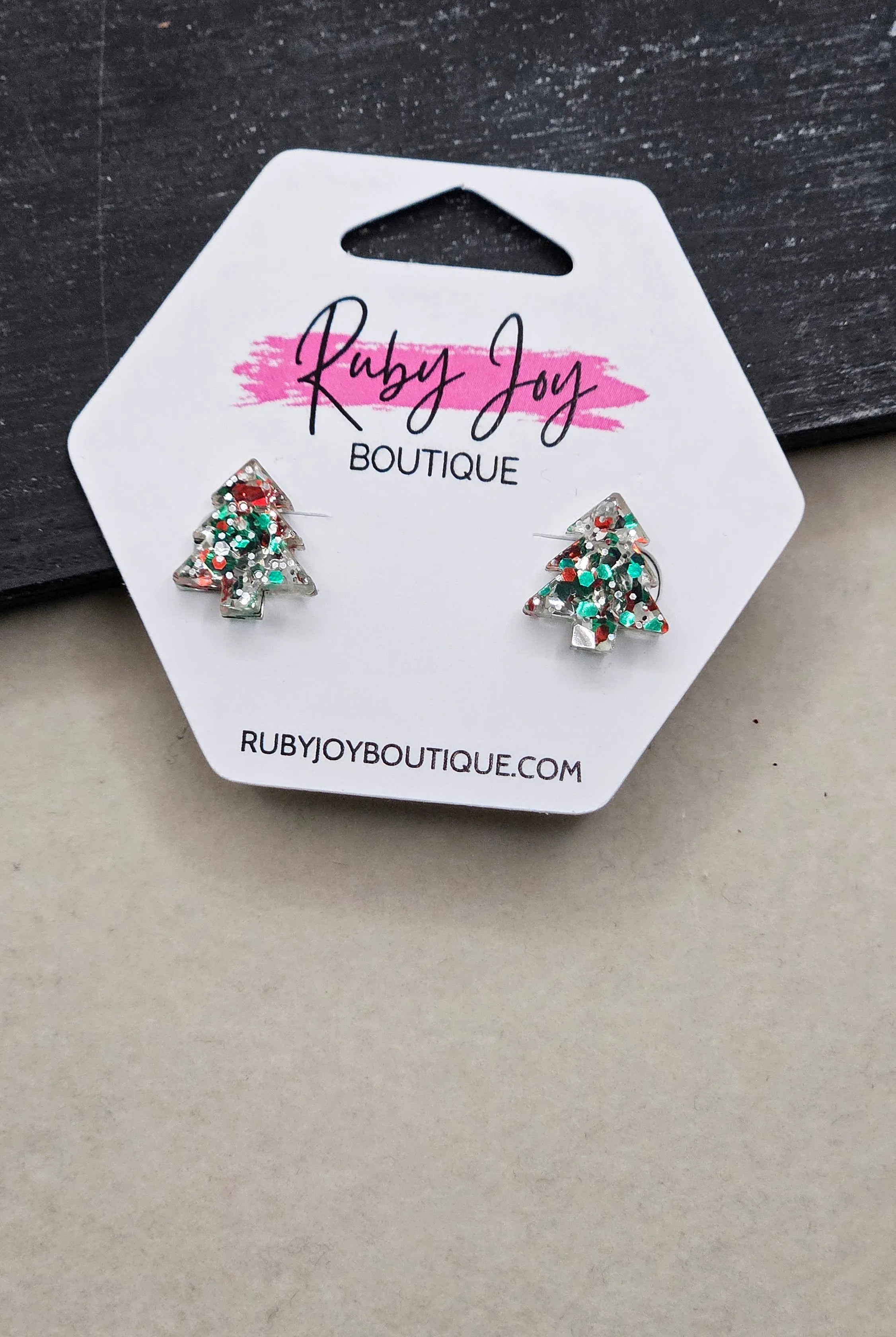 Shop Glitter Christmas Tree Stud Earrings- at Ruby Joy Boutique, a Women's Clothing Store in Pickerington, Ohio