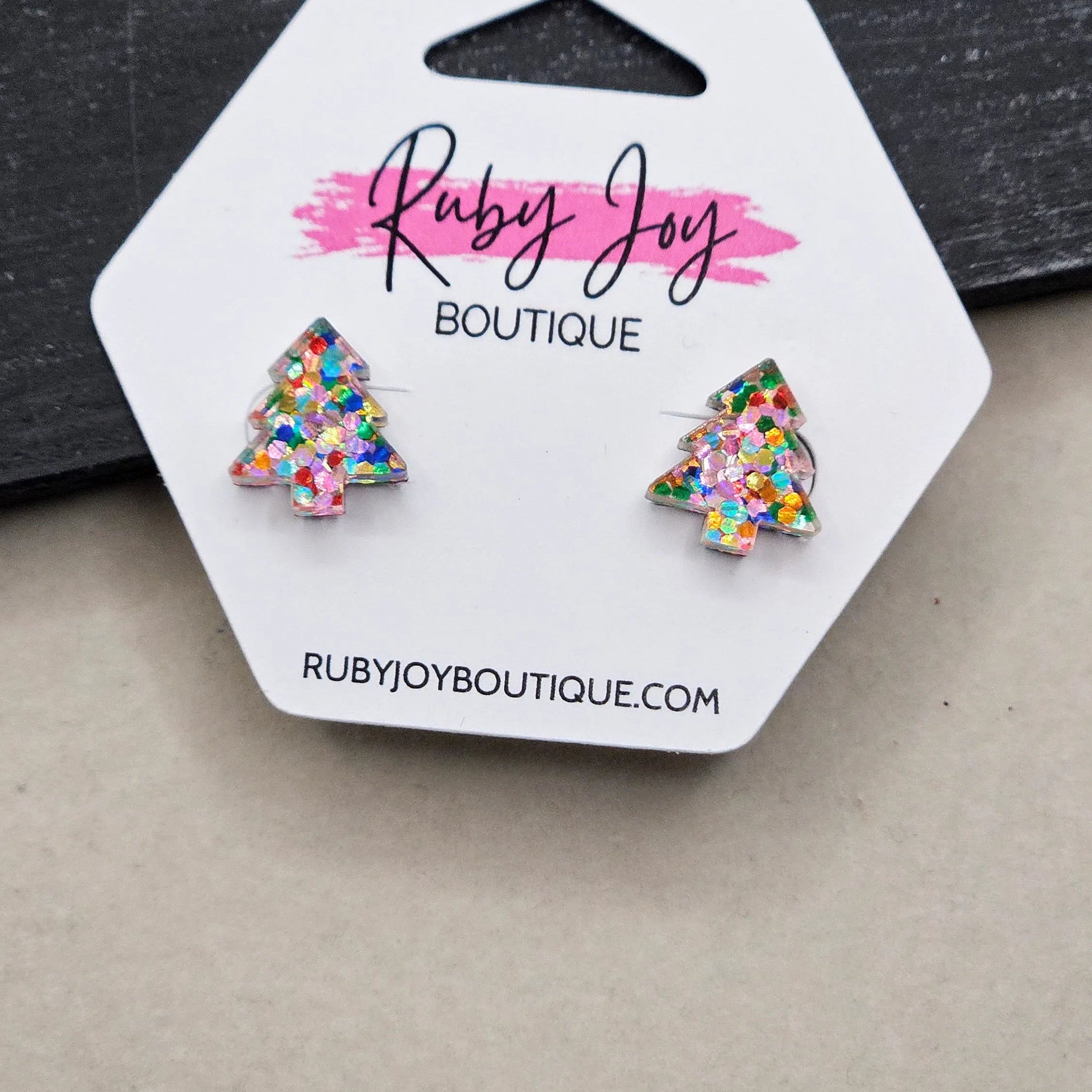 Shop Glitter Christmas Tree Stud Earrings- at Ruby Joy Boutique, a Women's Clothing Store in Pickerington, Ohio