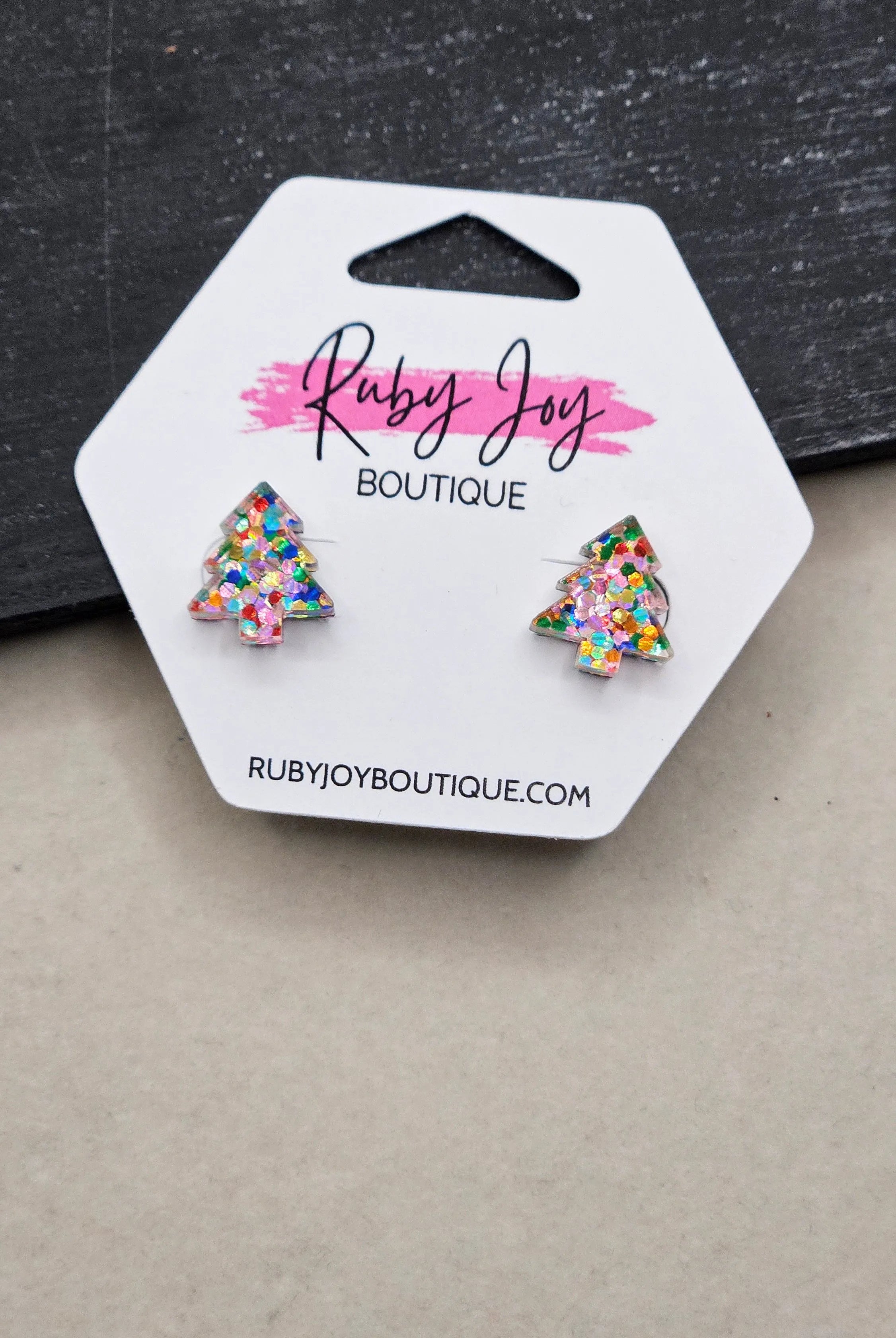 Shop Glitter Christmas Tree Stud Earrings- at Ruby Joy Boutique, a Women's Clothing Store in Pickerington, Ohio