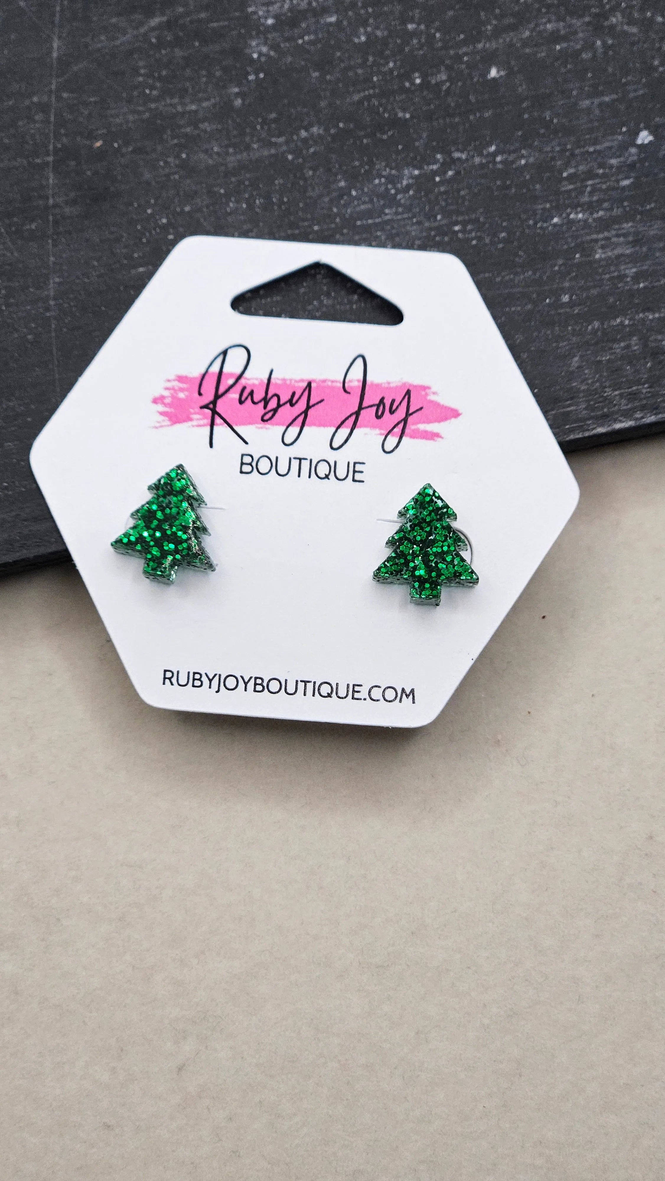 Shop Glitter Christmas Tree Stud Earrings- at Ruby Joy Boutique, a Women's Clothing Store in Pickerington, Ohio