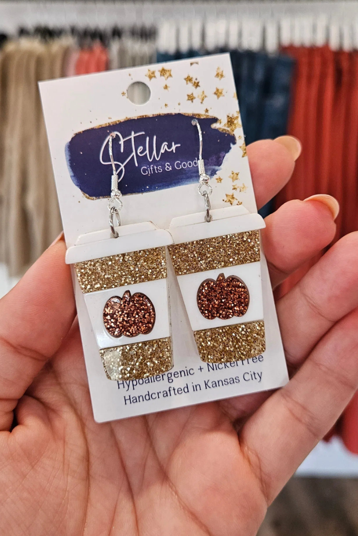 Shop Glitter Pumpkin Spice Latte Earrings-Earrings at Ruby Joy Boutique, a Women's Clothing Store in Pickerington, Ohio