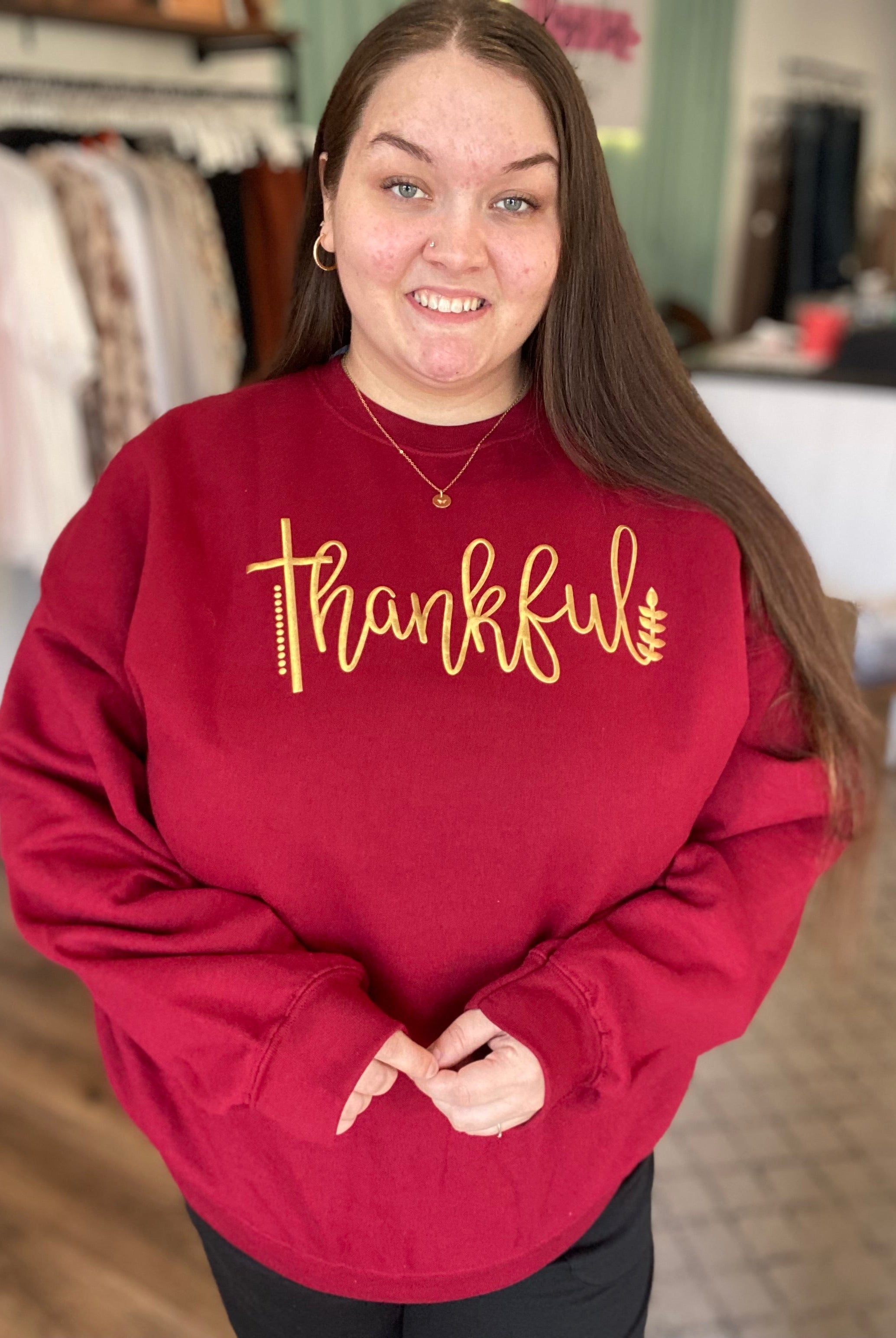 Shop Gold Puff Thankful Sweatshirt-sweatshirt at Ruby Joy Boutique, a Women's Clothing Store in Pickerington, Ohio