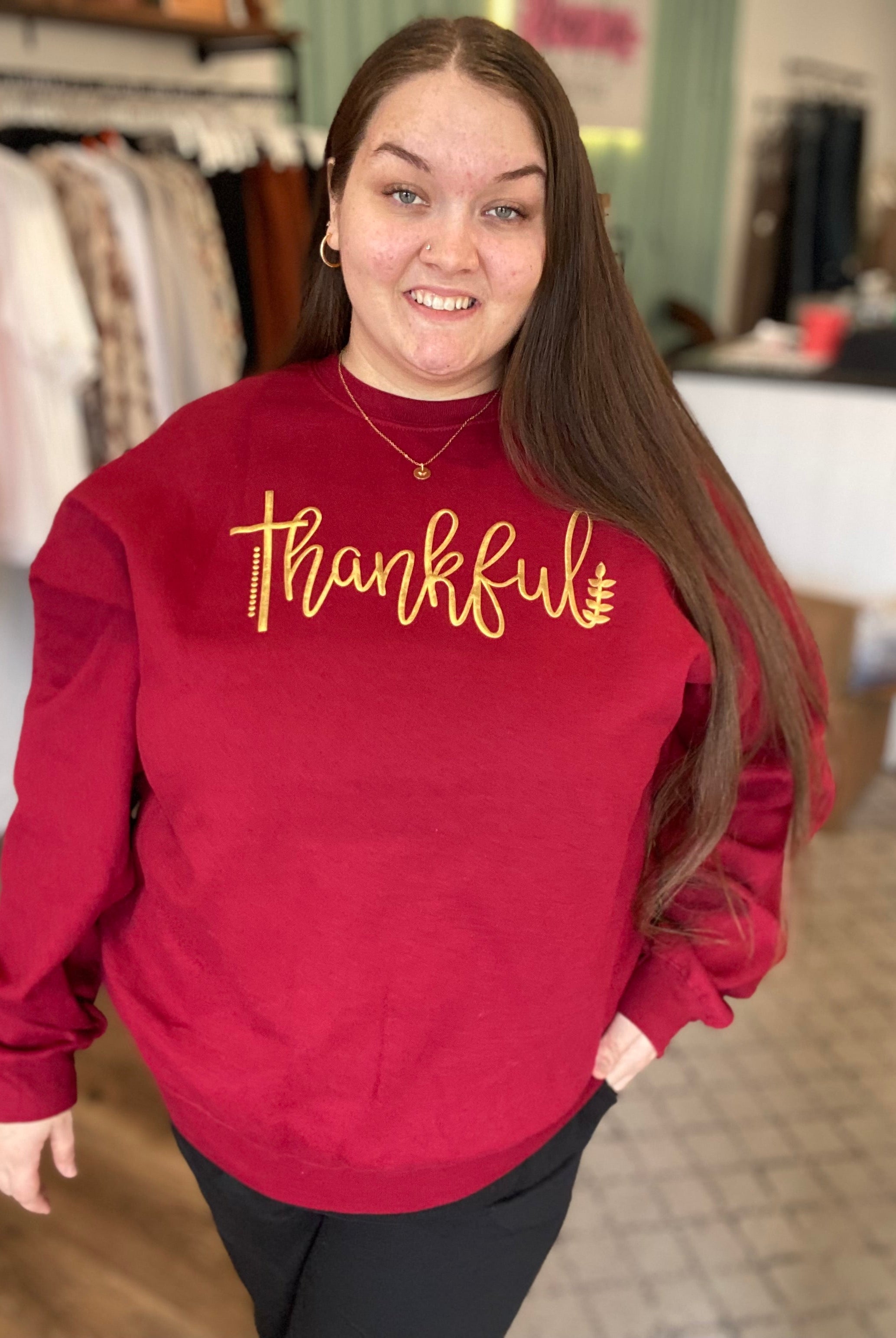 Shop Gold Puff Thankful Sweatshirt-sweatshirt at Ruby Joy Boutique, a Women's Clothing Store in Pickerington, Ohio