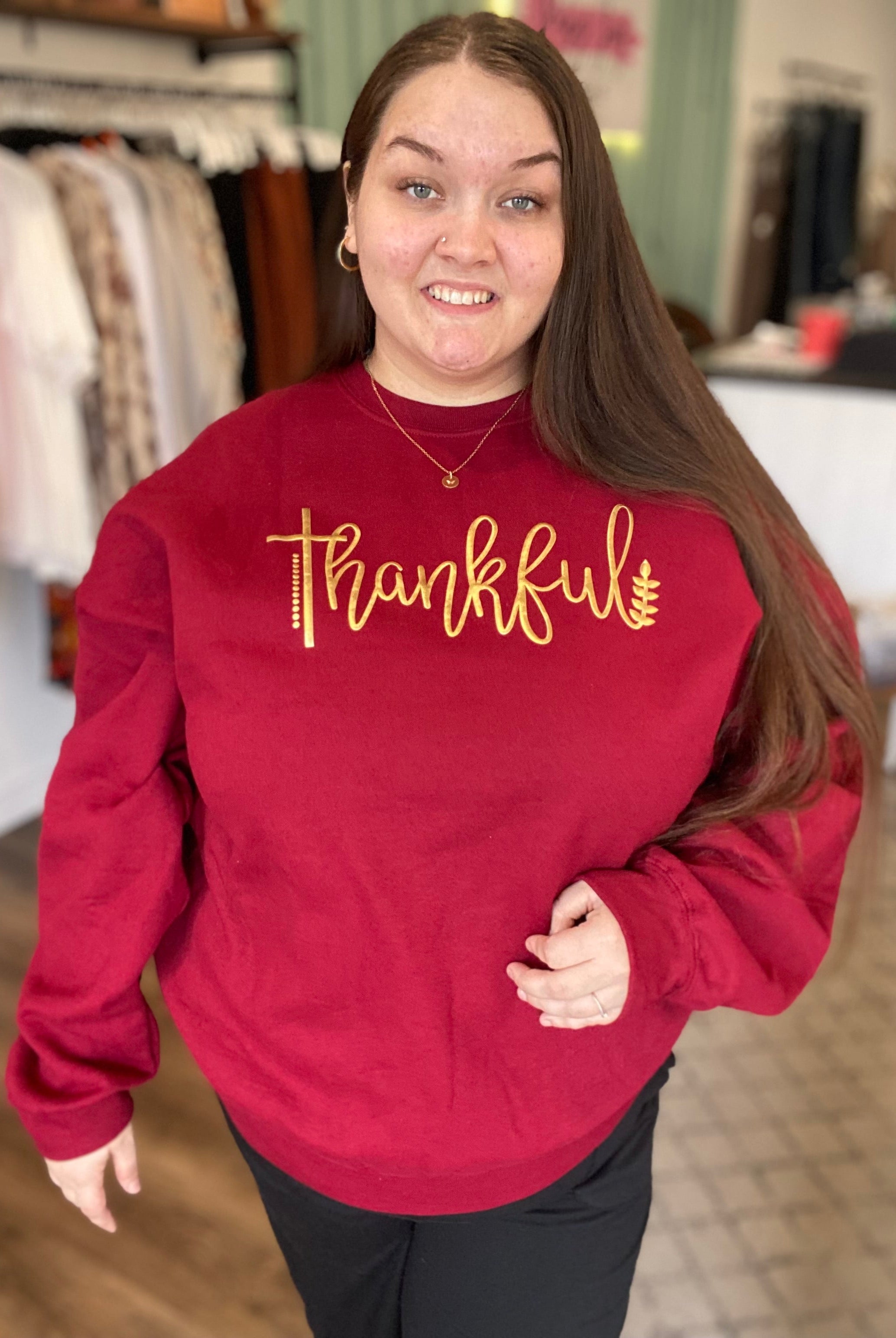 Shop Gold Puff Thankful Sweatshirt-sweatshirt at Ruby Joy Boutique, a Women's Clothing Store in Pickerington, Ohio
