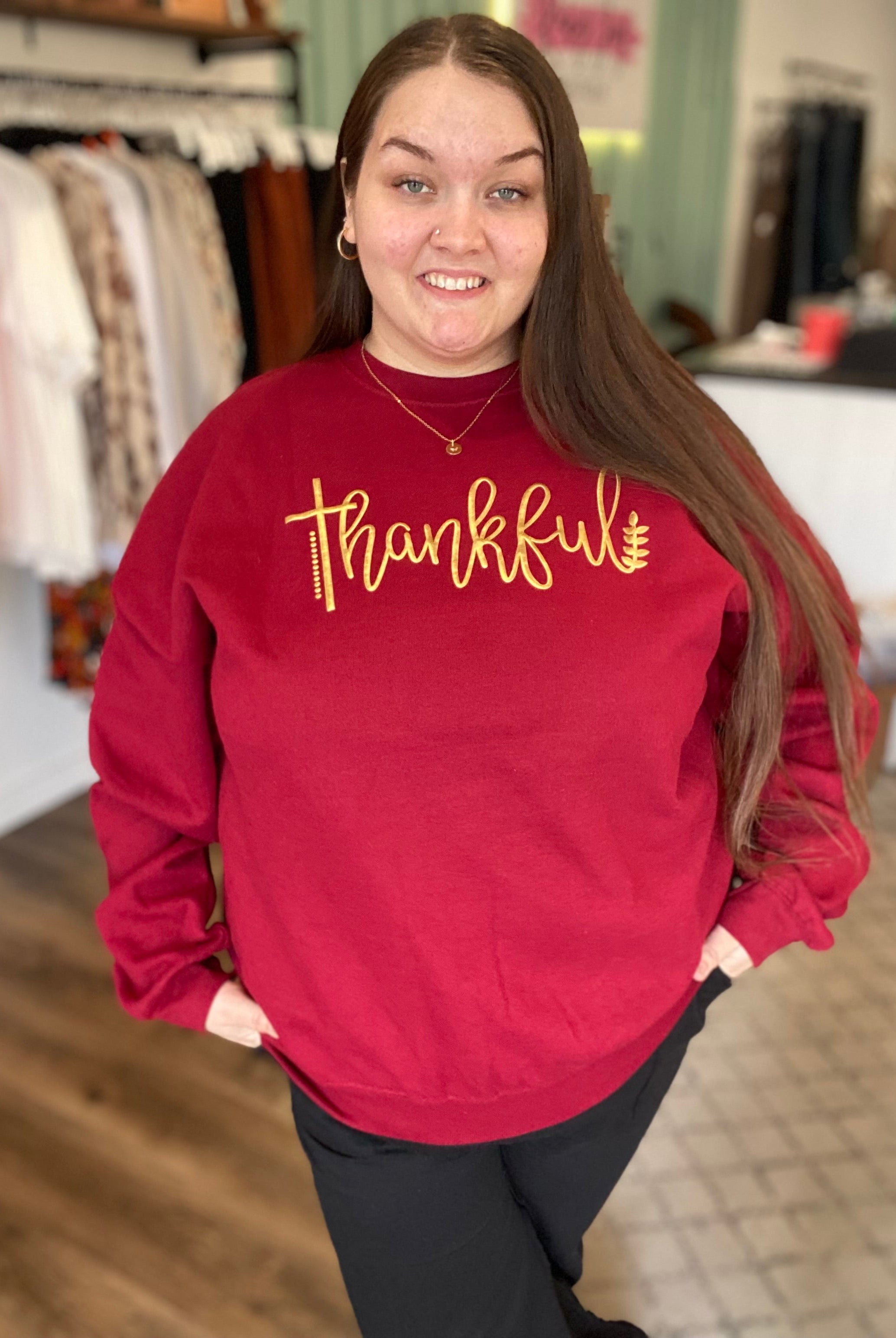 Shop Gold Puff Thankful Sweatshirt-sweatshirt at Ruby Joy Boutique, a Women's Clothing Store in Pickerington, Ohio
