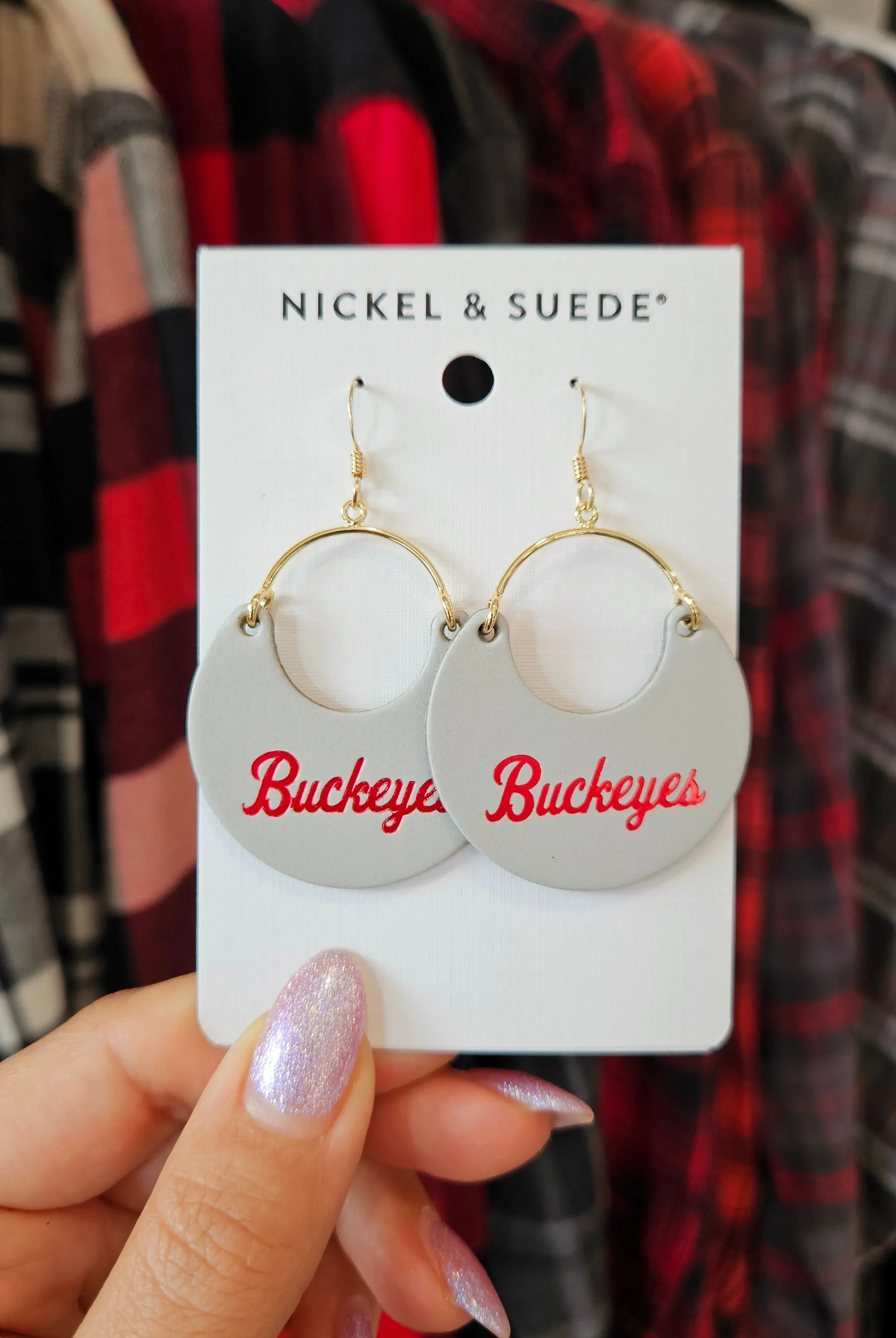 Shop Gray Ohio State Buckeye Nina Earrings- at Ruby Joy Boutique, a Women's Clothing Store in Pickerington, Ohio