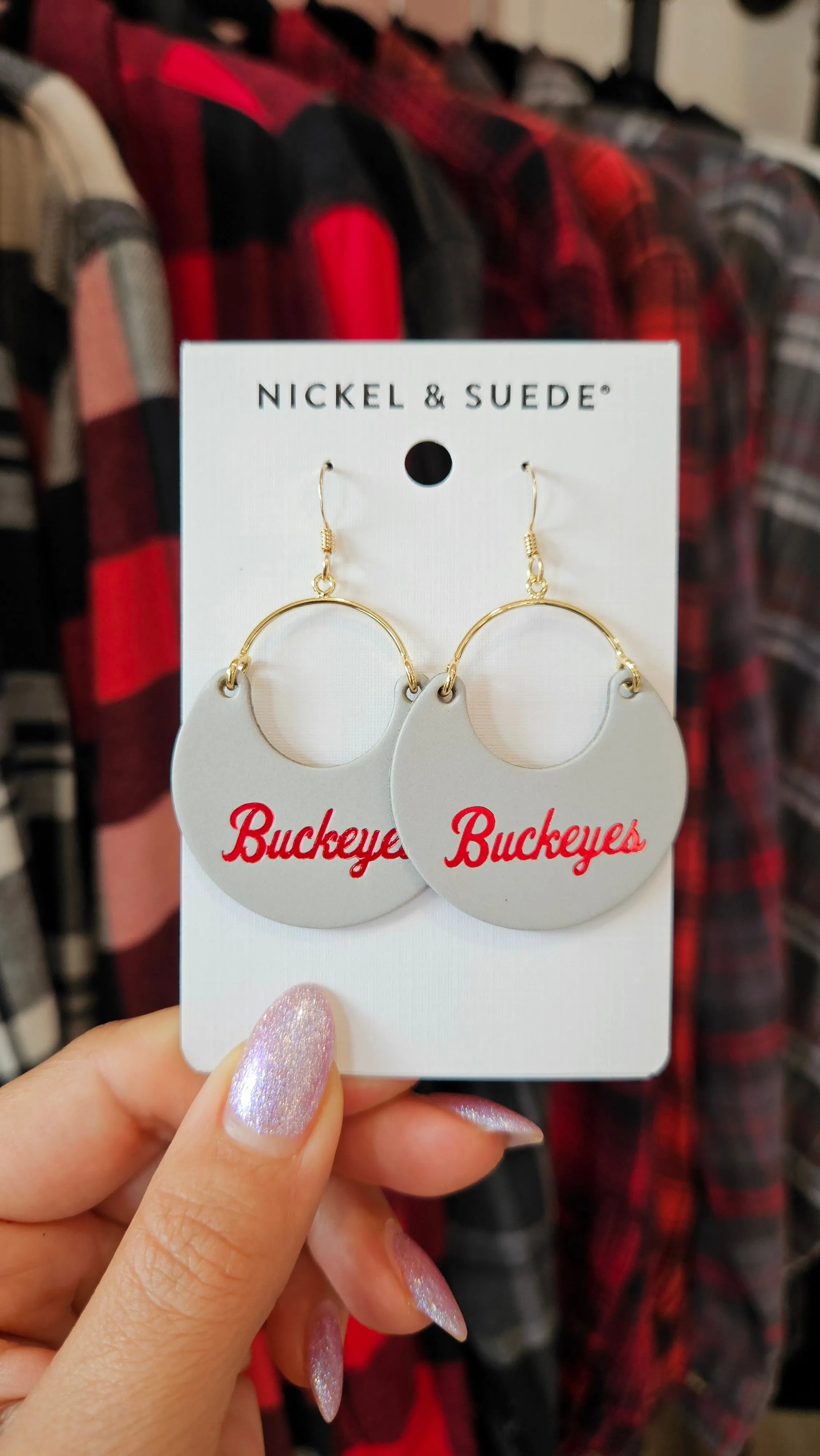 Shop Gray Ohio State Buckeye Nina Earrings- at Ruby Joy Boutique, a Women's Clothing Store in Pickerington, Ohio