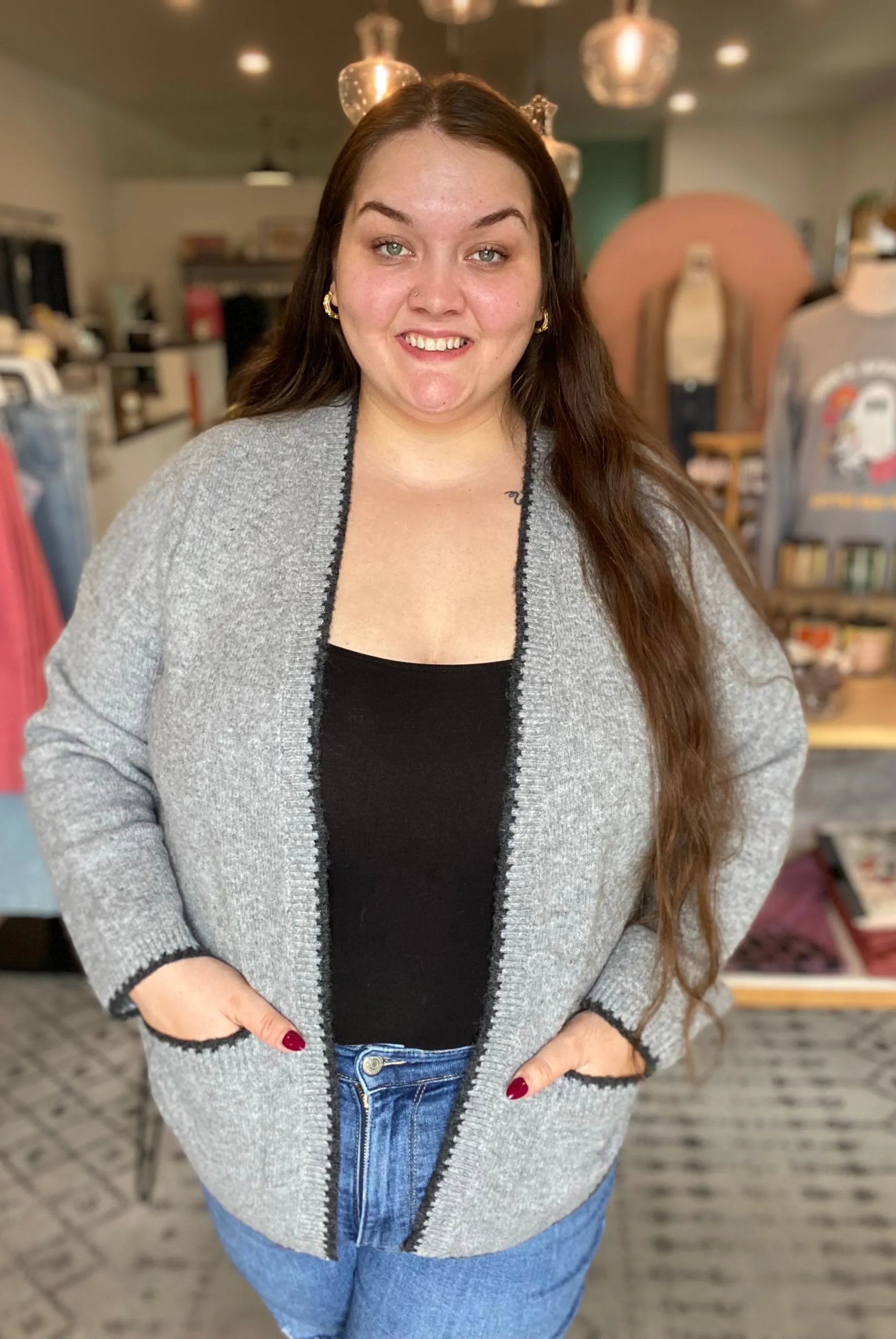 Shop Grey Open Knit Cardigan- at Ruby Joy Boutique, a Women's Clothing Store in Pickerington, Ohio