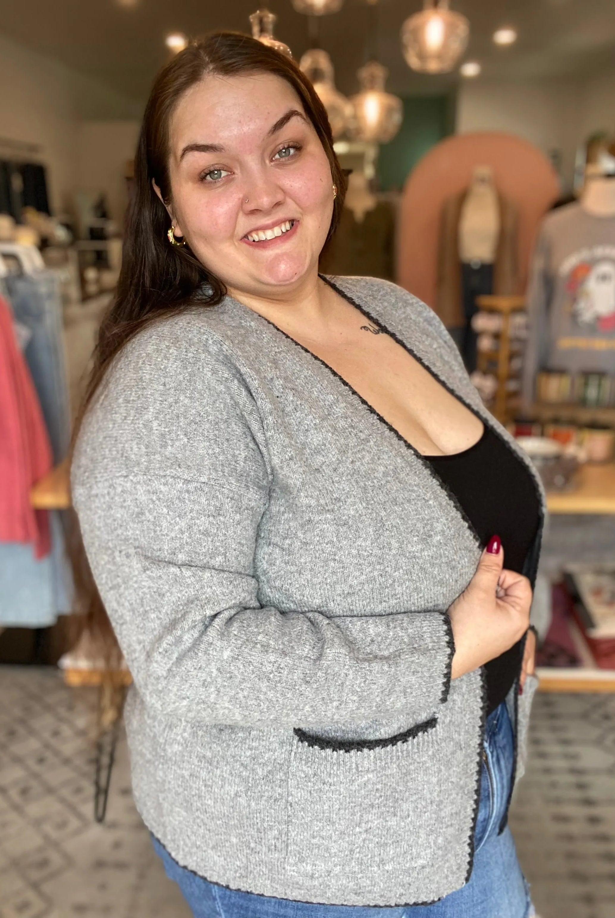 Shop Grey Open Knit Cardigan- at Ruby Joy Boutique, a Women's Clothing Store in Pickerington, Ohio