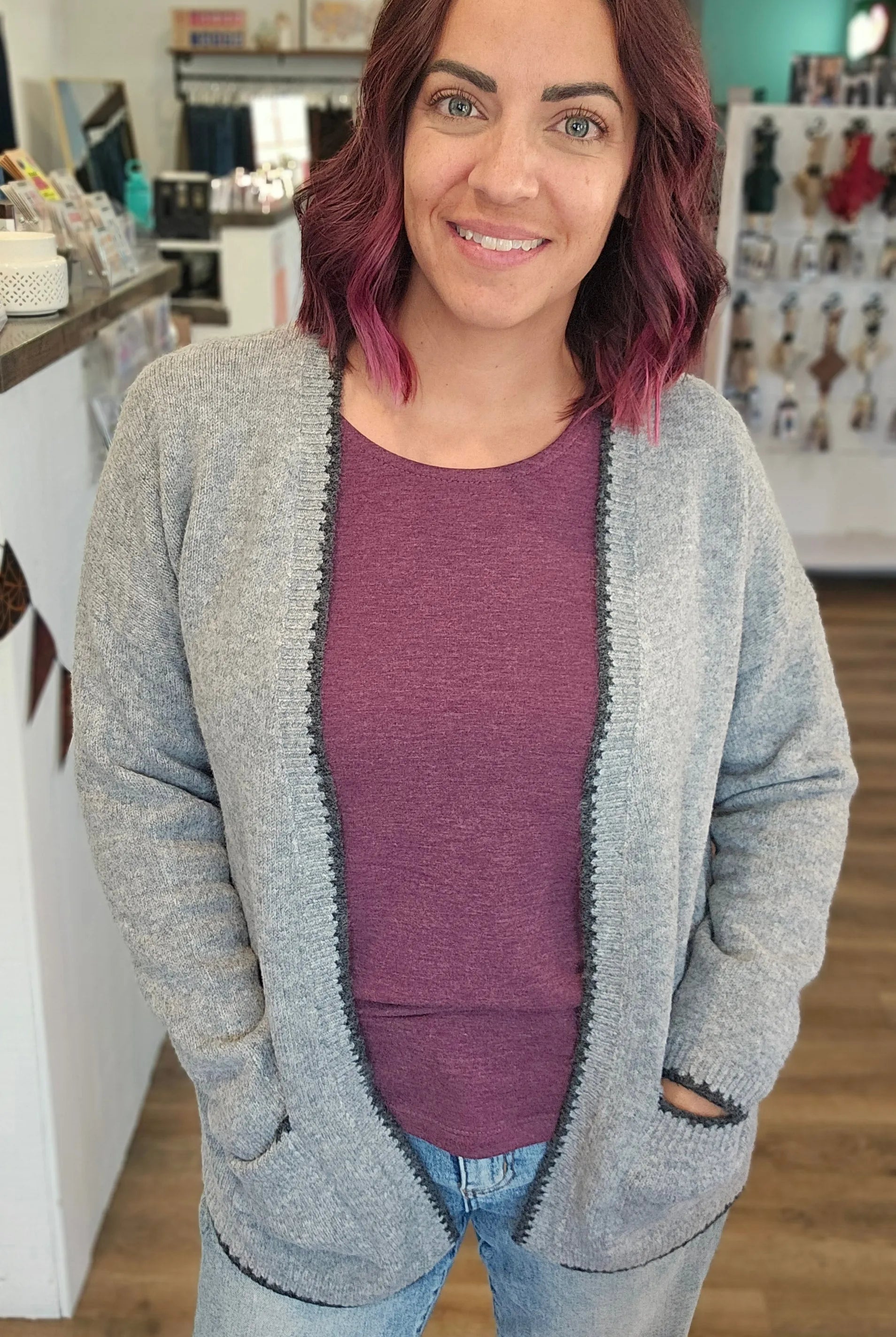 Shop Grey Open Knit Cardigan- at Ruby Joy Boutique, a Women's Clothing Store in Pickerington, Ohio