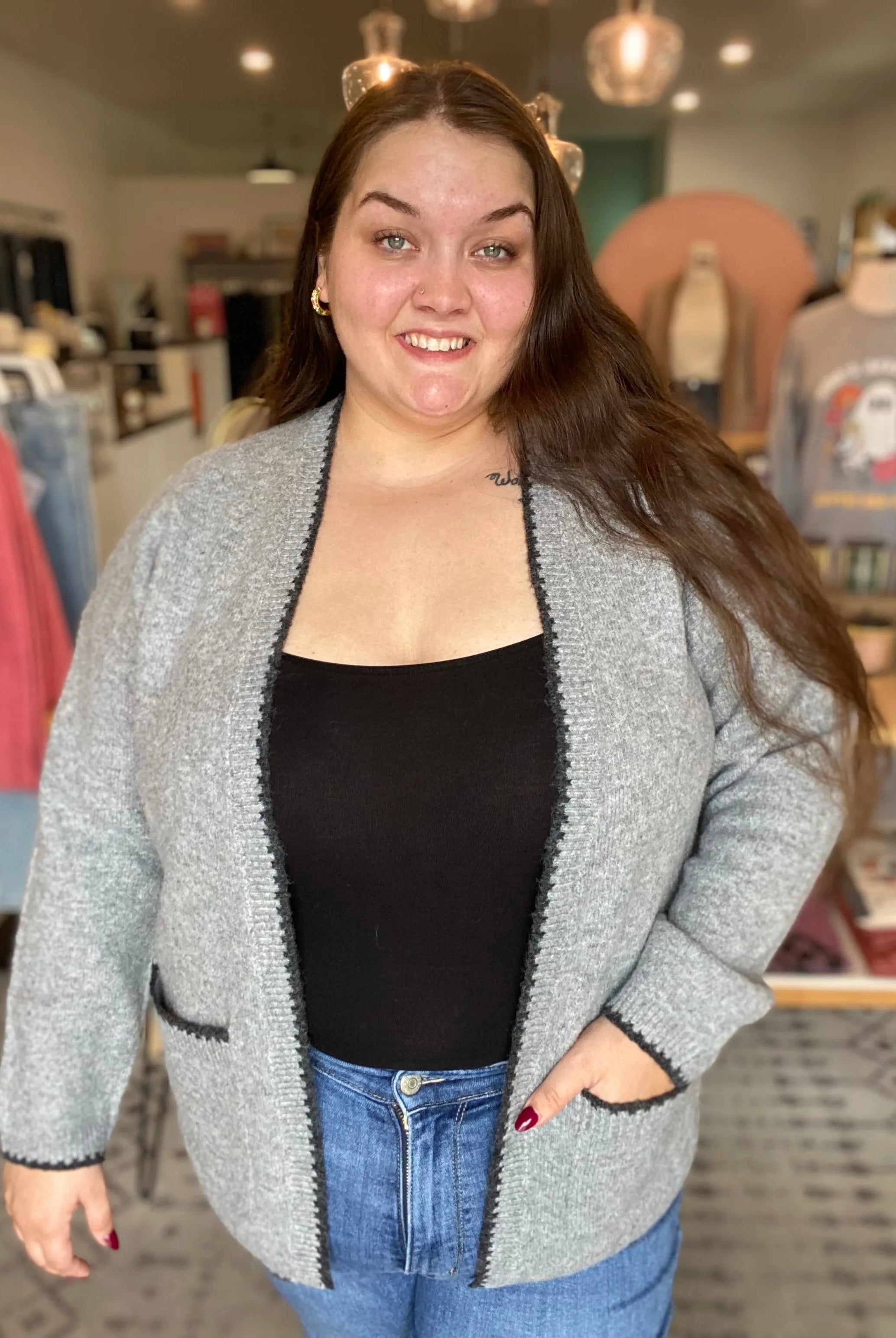 Shop Grey Open Knit Cardigan-XL at Ruby Joy Boutique, a Women's Clothing Store in Pickerington, Ohio