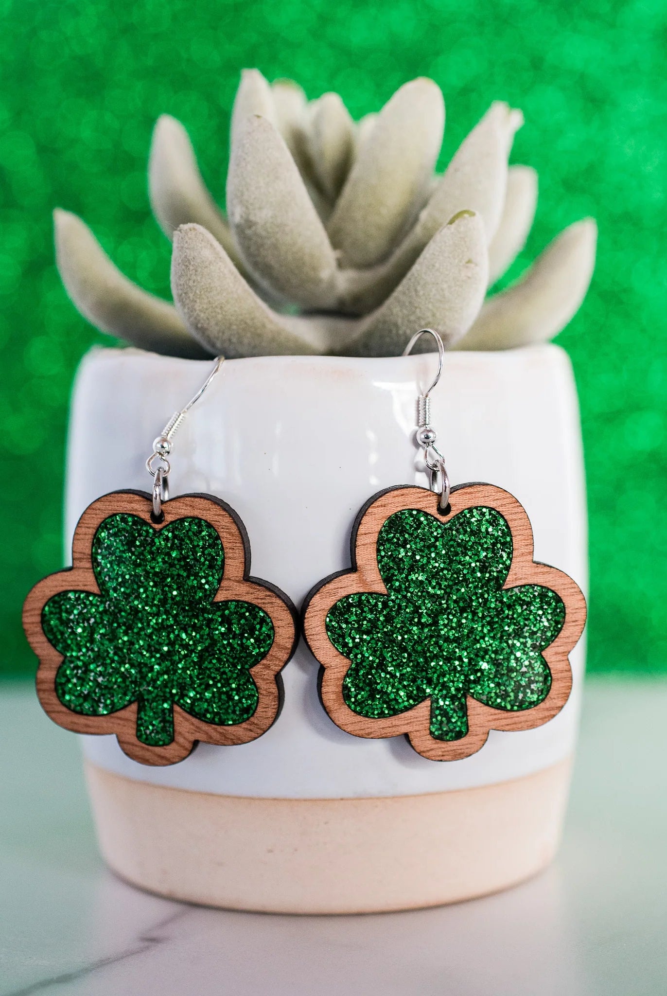 Shop Green Glitter Shamrock Dangle - St Patrick Paddy Day Earrings-Earrings at Ruby Joy Boutique, a Women's Clothing Store in Pickerington, Ohio