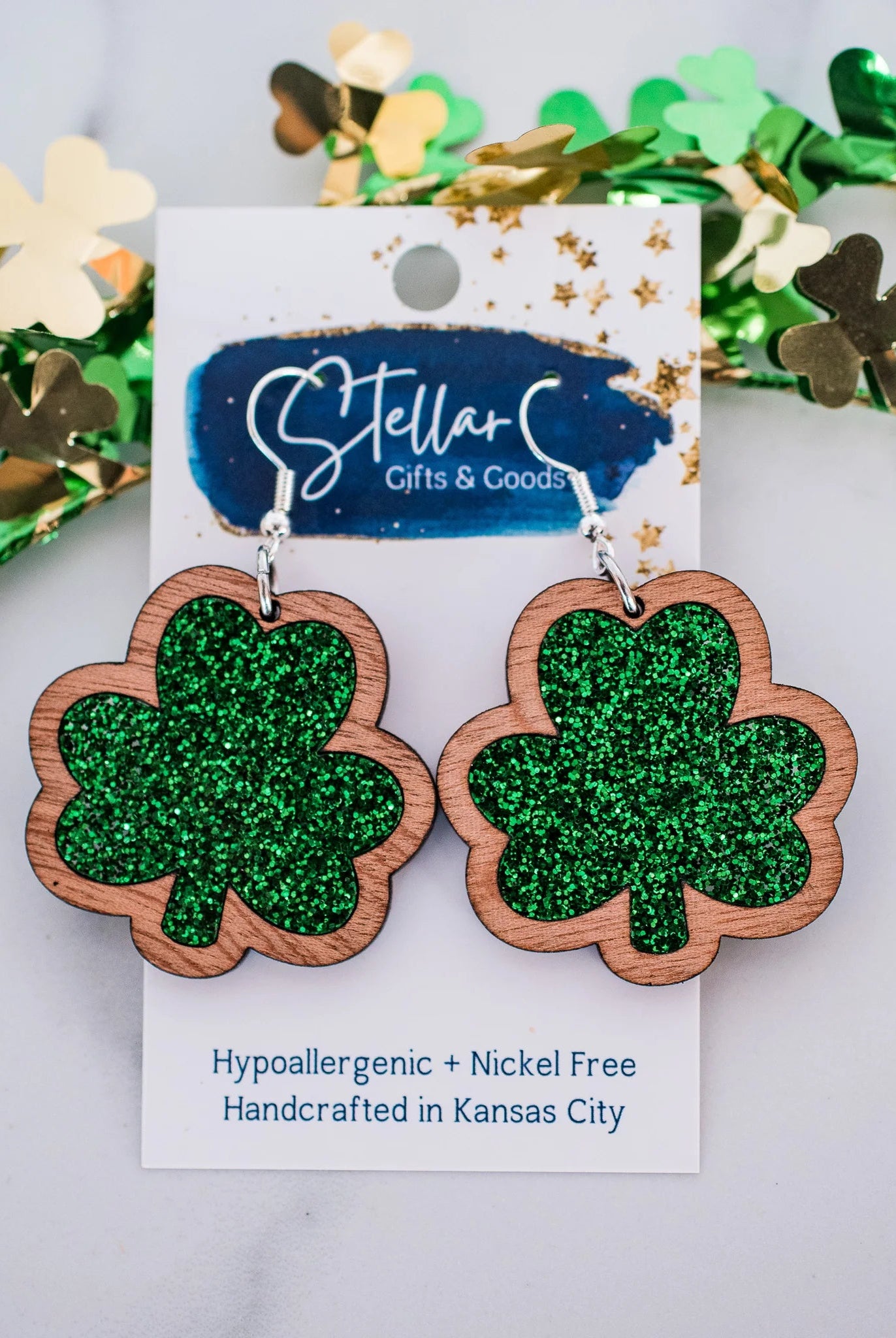 Shop Green Glitter Shamrock Dangle - St Patrick Paddy Day Earrings-Earrings at Ruby Joy Boutique, a Women's Clothing Store in Pickerington, Ohio