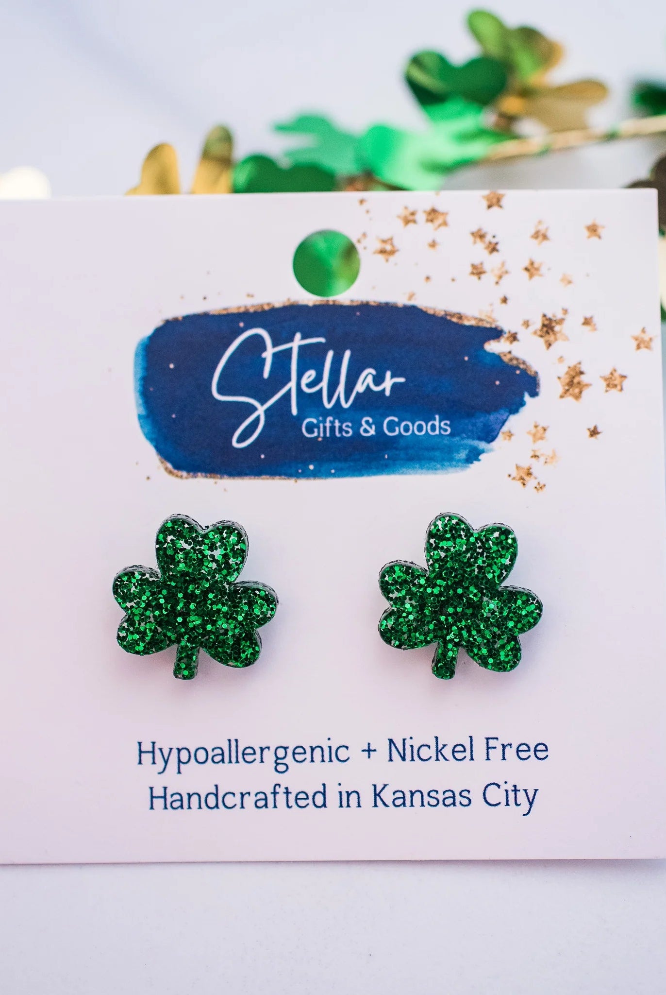 Shop Green Glitter Shamrock Studs - St Patrick Paddy Day Earrings-Earrings at Ruby Joy Boutique, a Women's Clothing Store in Pickerington, Ohio