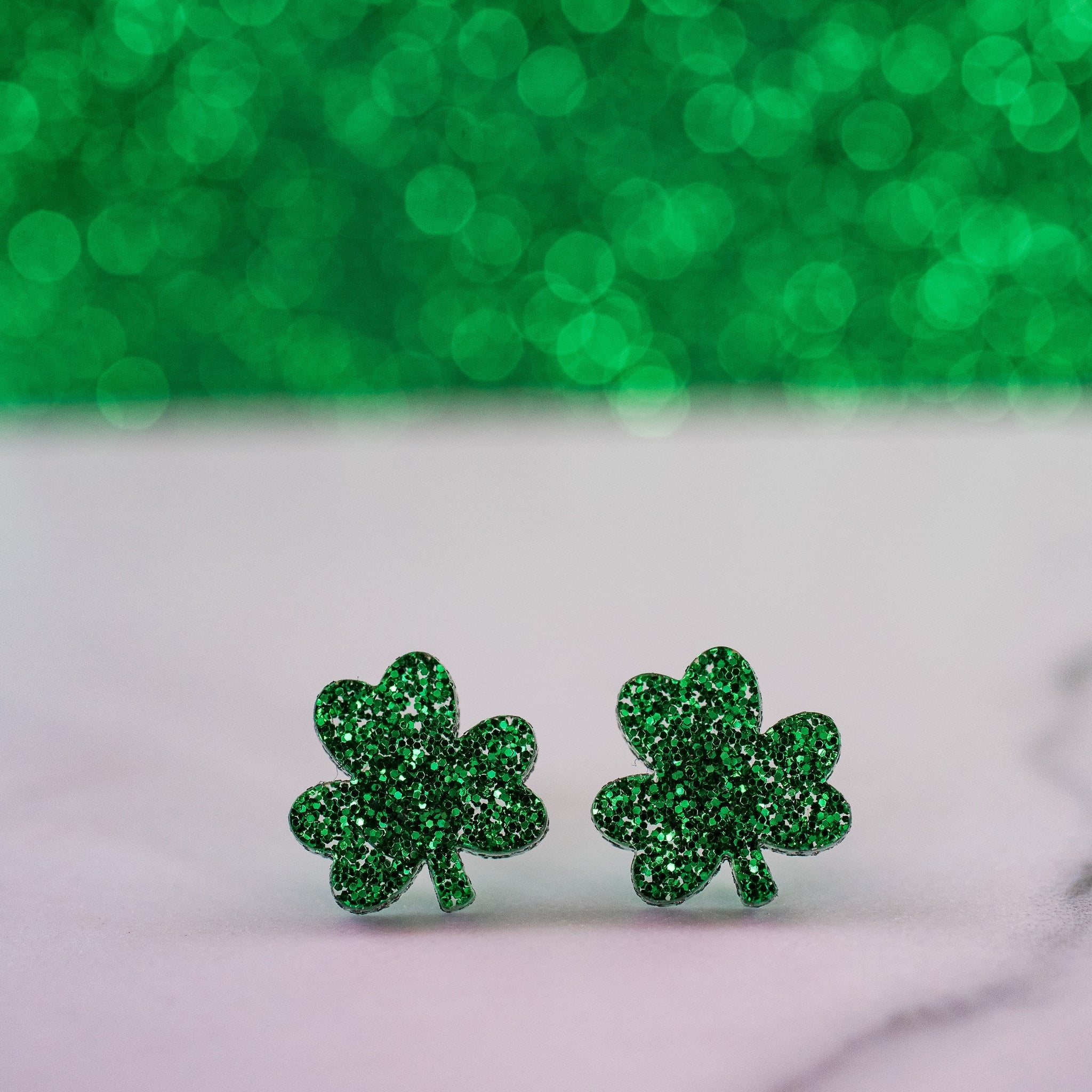 Shop Green Glitter Shamrock Studs - St Patrick Paddy Day Earrings-Earrings at Ruby Joy Boutique, a Women's Clothing Store in Pickerington, Ohio