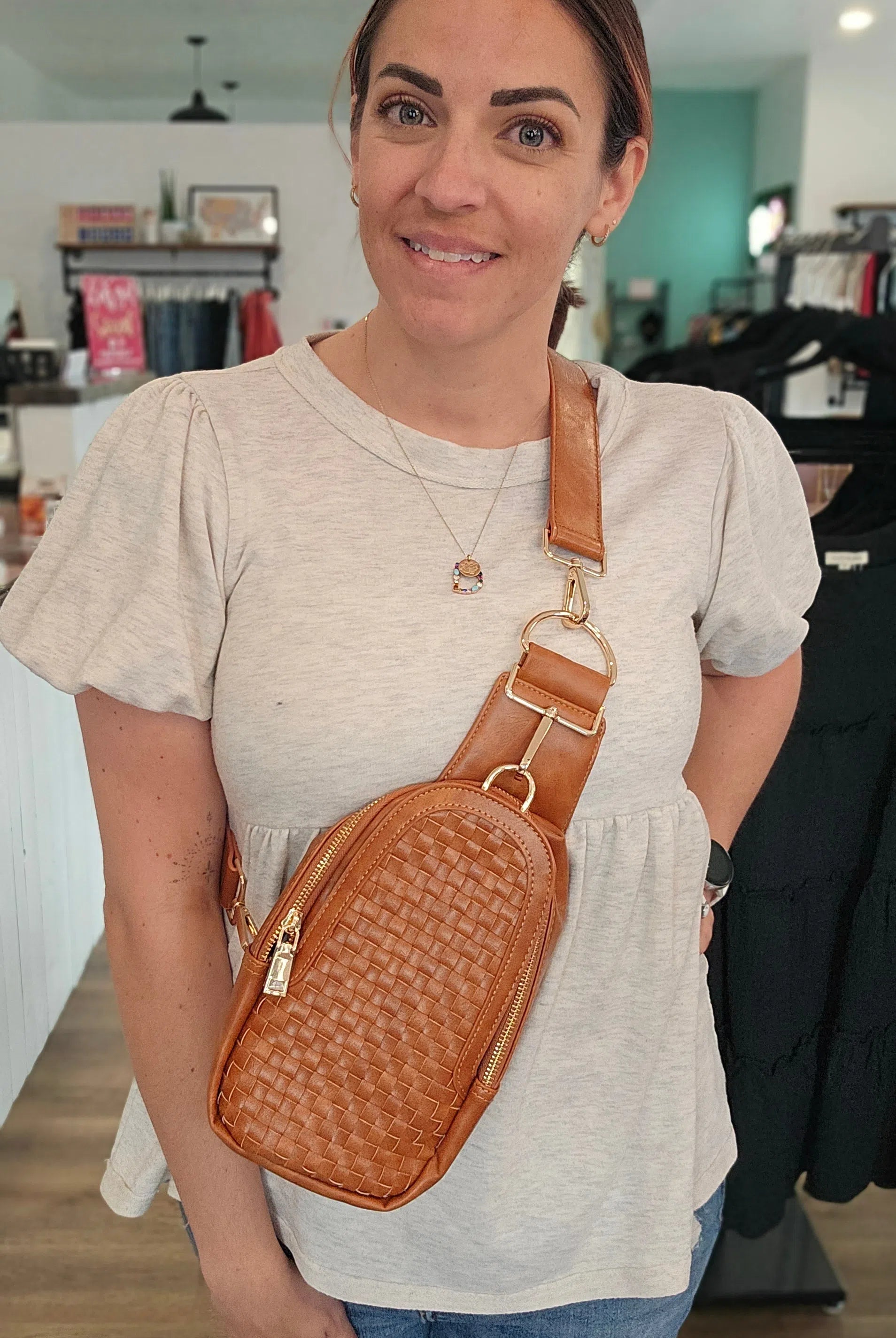 Shop Hadley Woven Sling Bag-Purse at Ruby Joy Boutique, a Women's Clothing Store in Pickerington, Ohio