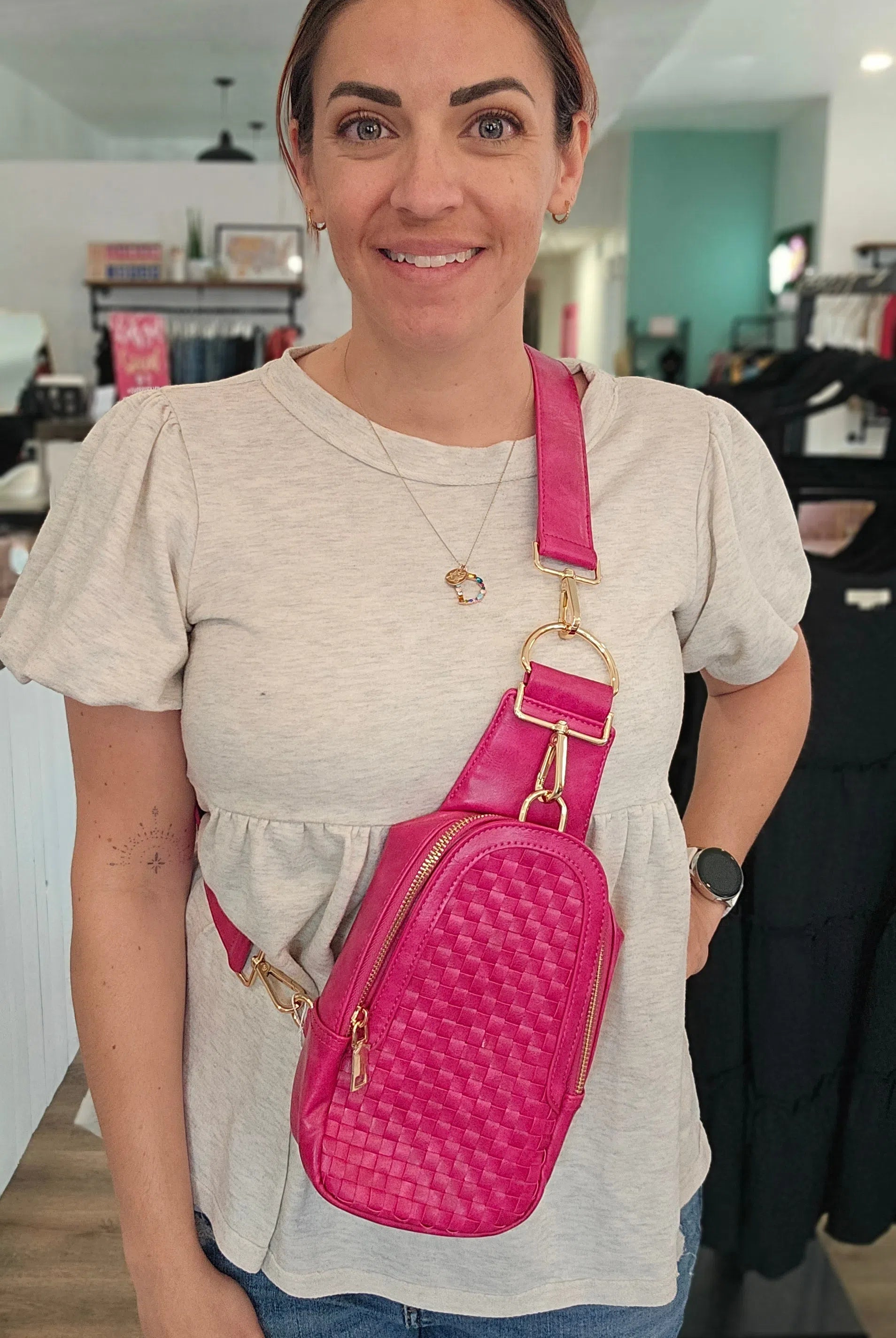 Shop Hadley Woven Sling Bag-Purse at Ruby Joy Boutique, a Women's Clothing Store in Pickerington, Ohio