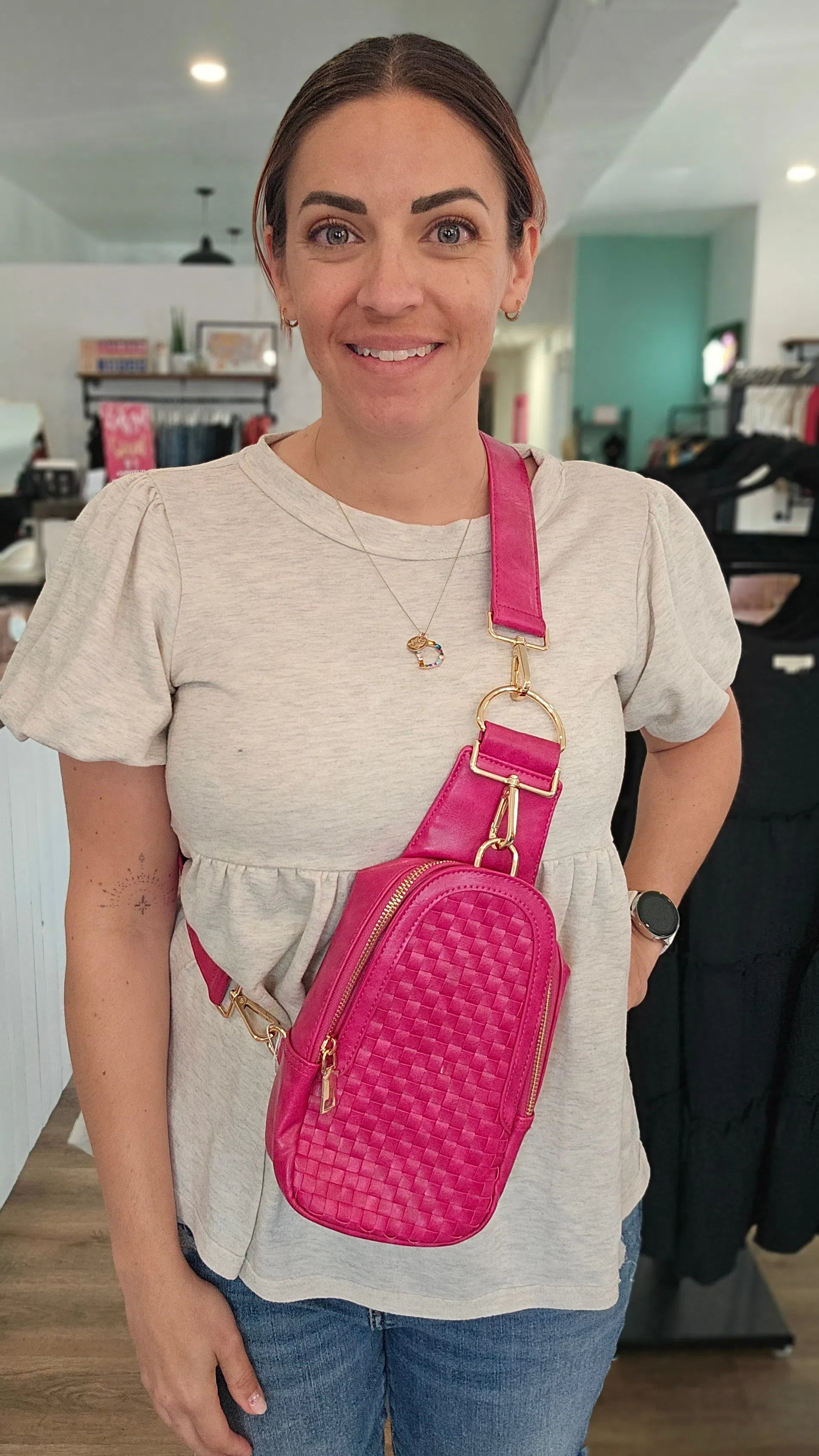 Shop Hadley Woven Sling Bag-Purse at Ruby Joy Boutique, a Women's Clothing Store in Pickerington, Ohio