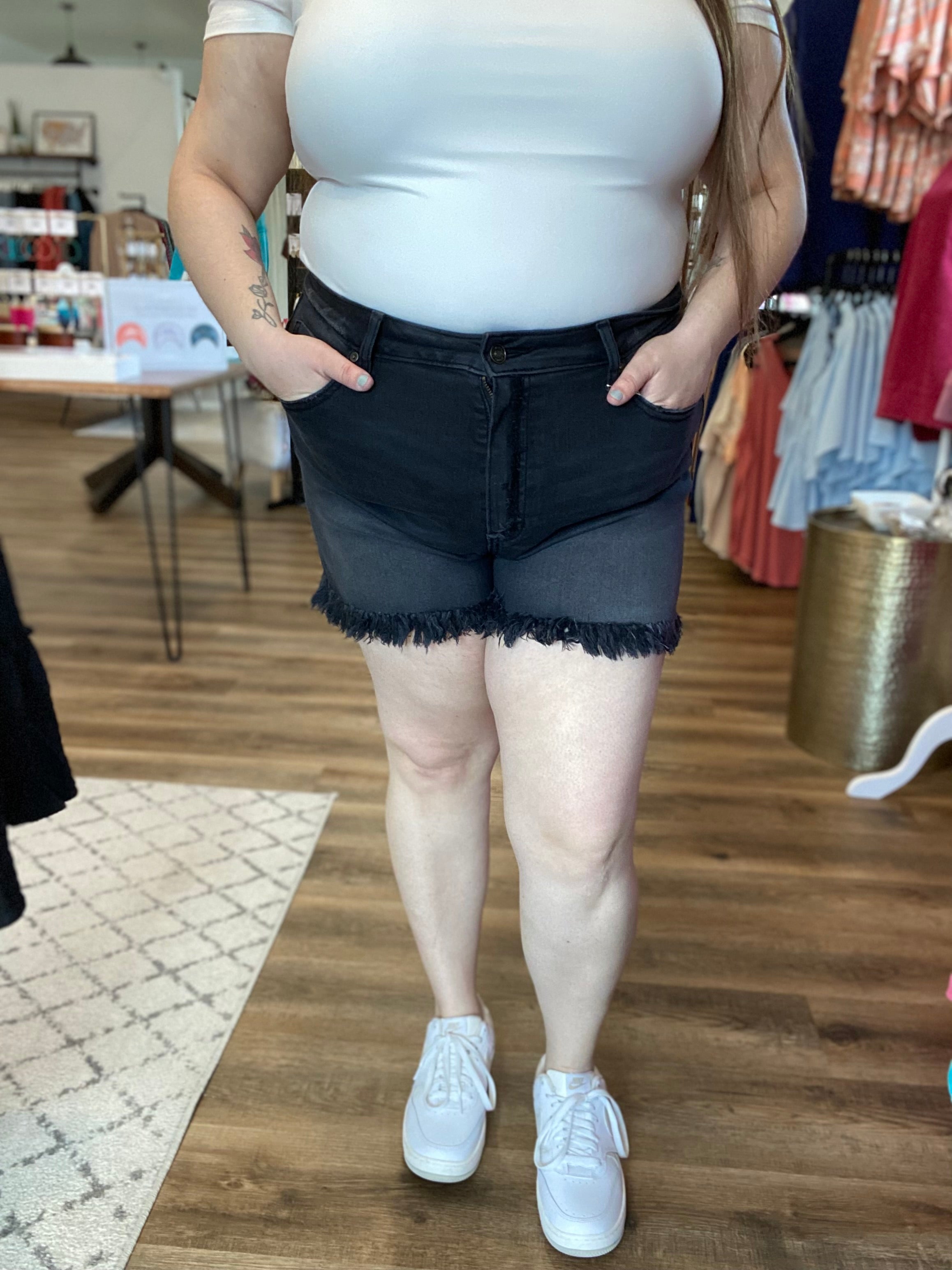 Shop Halle Frayed Black Denim Shorts | Zenana-Shorts at Ruby Joy Boutique, a Women's Clothing Store in Pickerington, Ohio