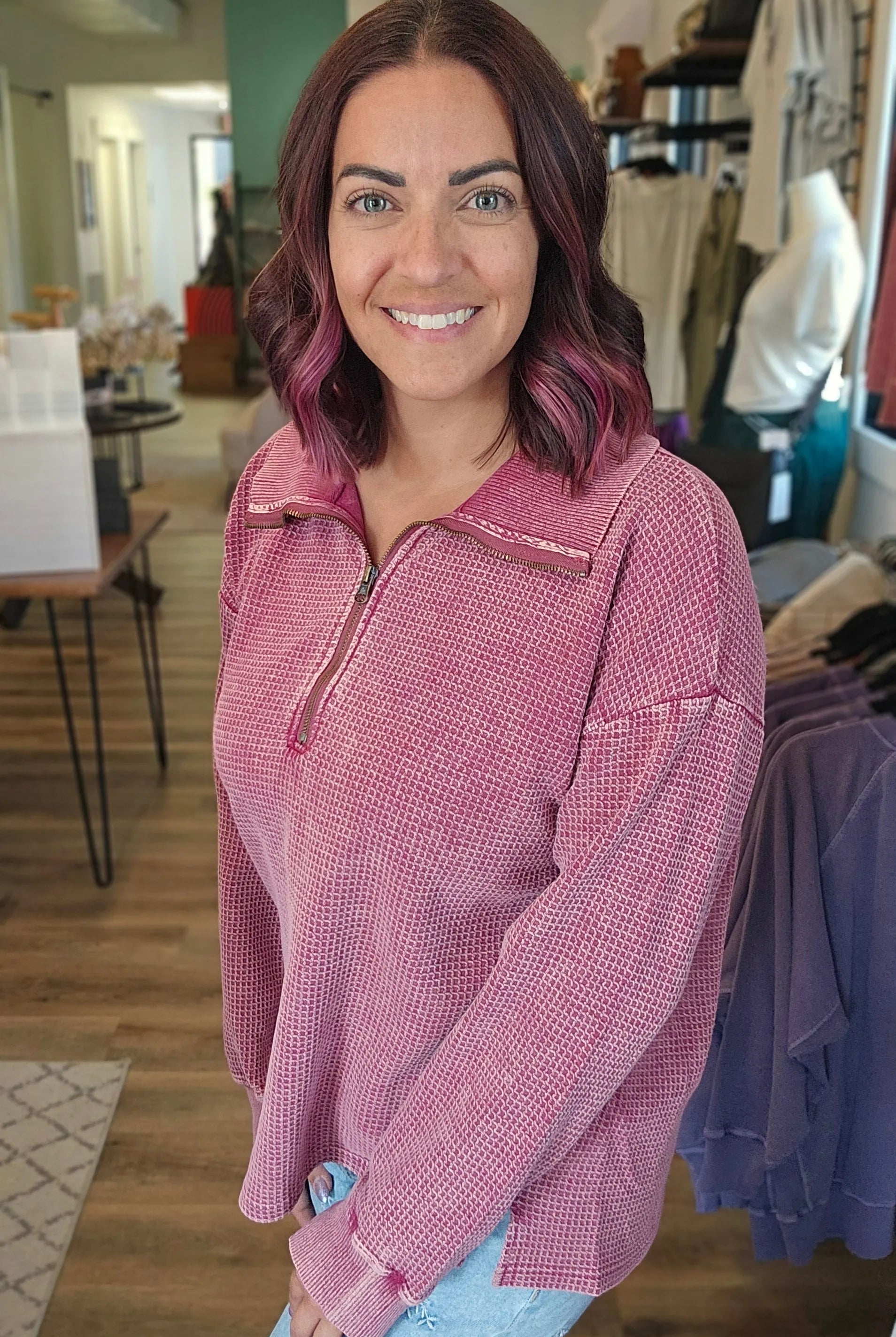 Shop Hideaway Thermal Pullover - Washed Berry- at Ruby Joy Boutique, a Women's Clothing Store in Pickerington, Ohio