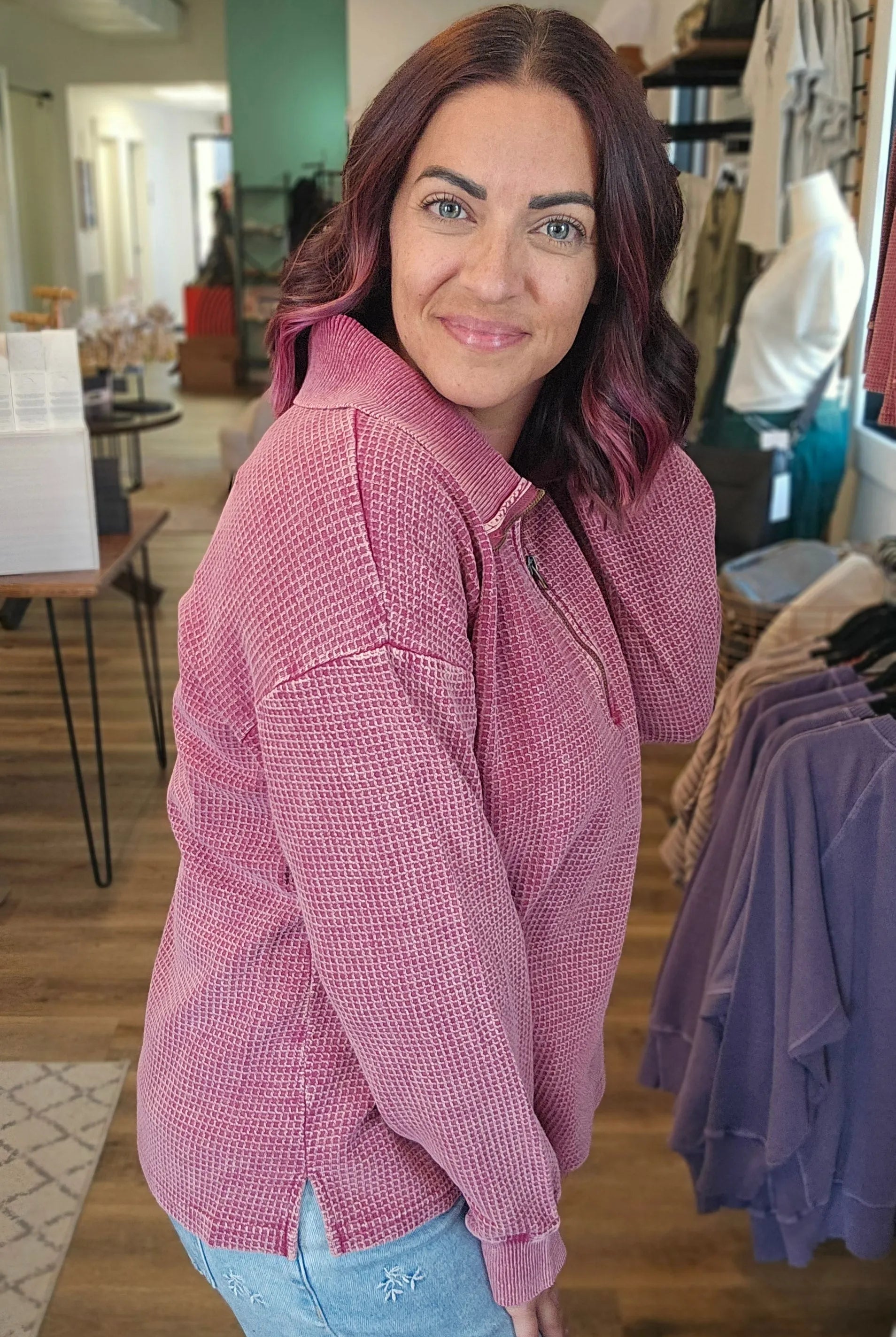 Shop Hideaway Thermal Pullover - Washed Berry- at Ruby Joy Boutique, a Women's Clothing Store in Pickerington, Ohio