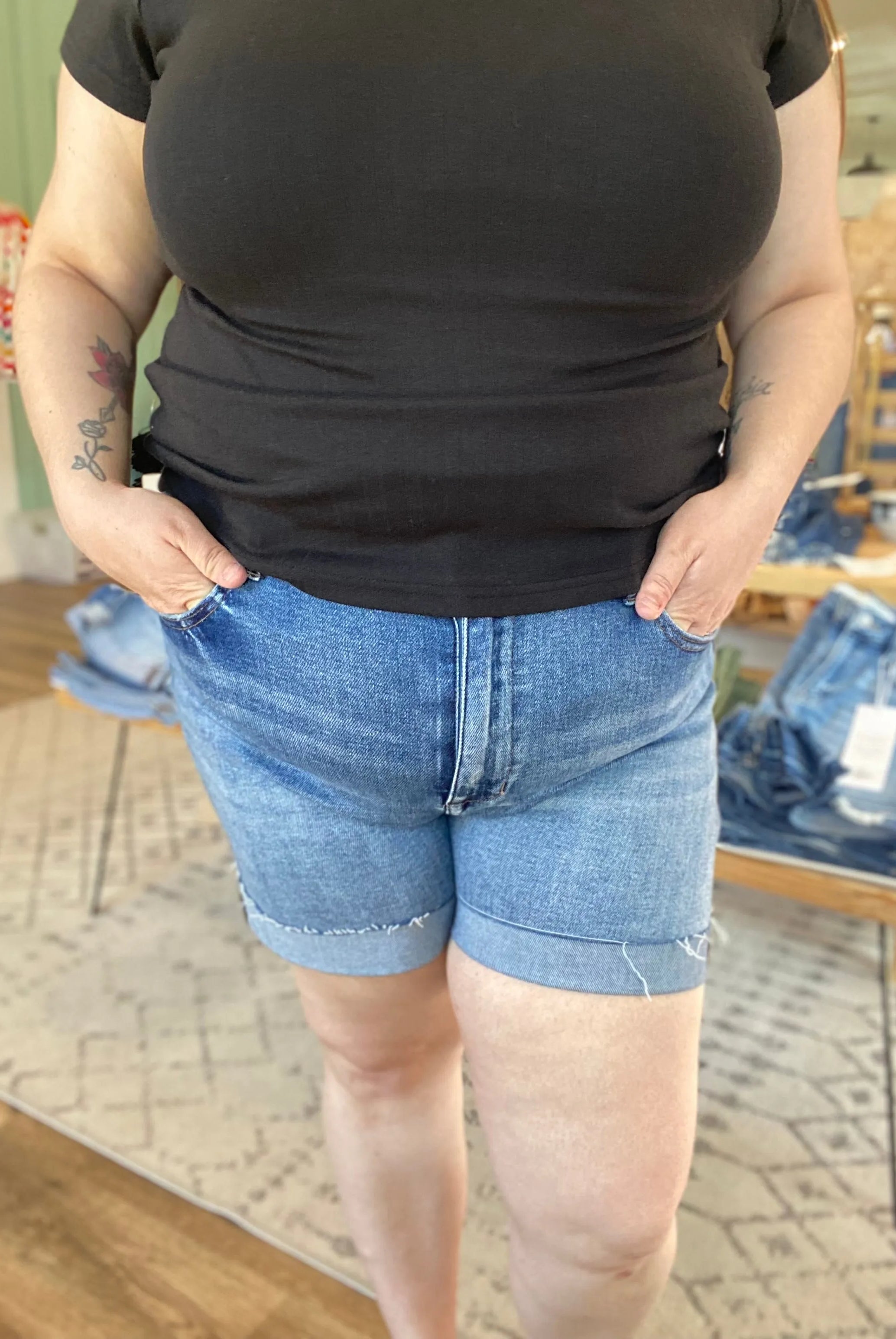 Shop High Rise Cuffed Hem Shorts-1XL at Ruby Joy Boutique, a Women's Clothing Store in Pickerington, Ohio