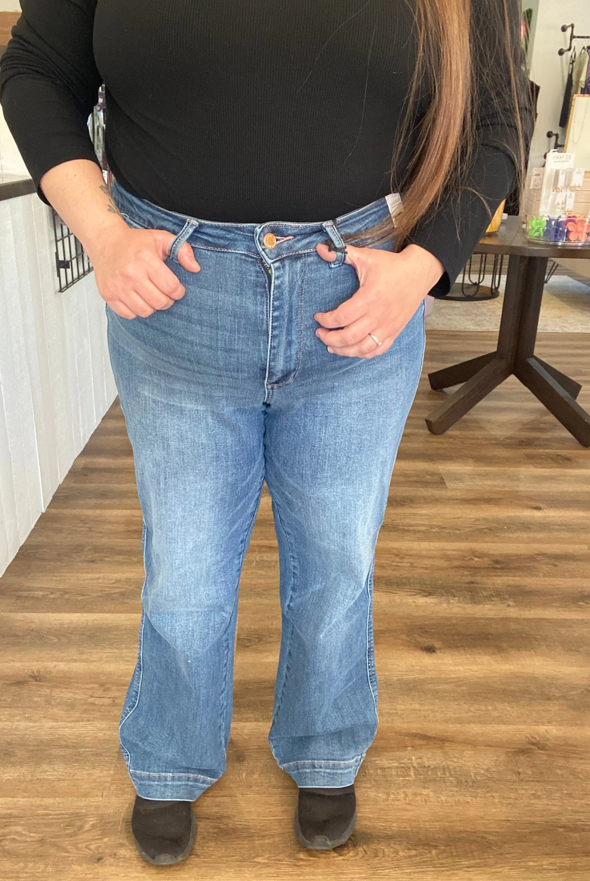 Shop High-Rise Straight Leg Contrast Thread Jeans | Judy Blue- at Ruby Joy Boutique, a Women's Clothing Store in Pickerington, Ohio