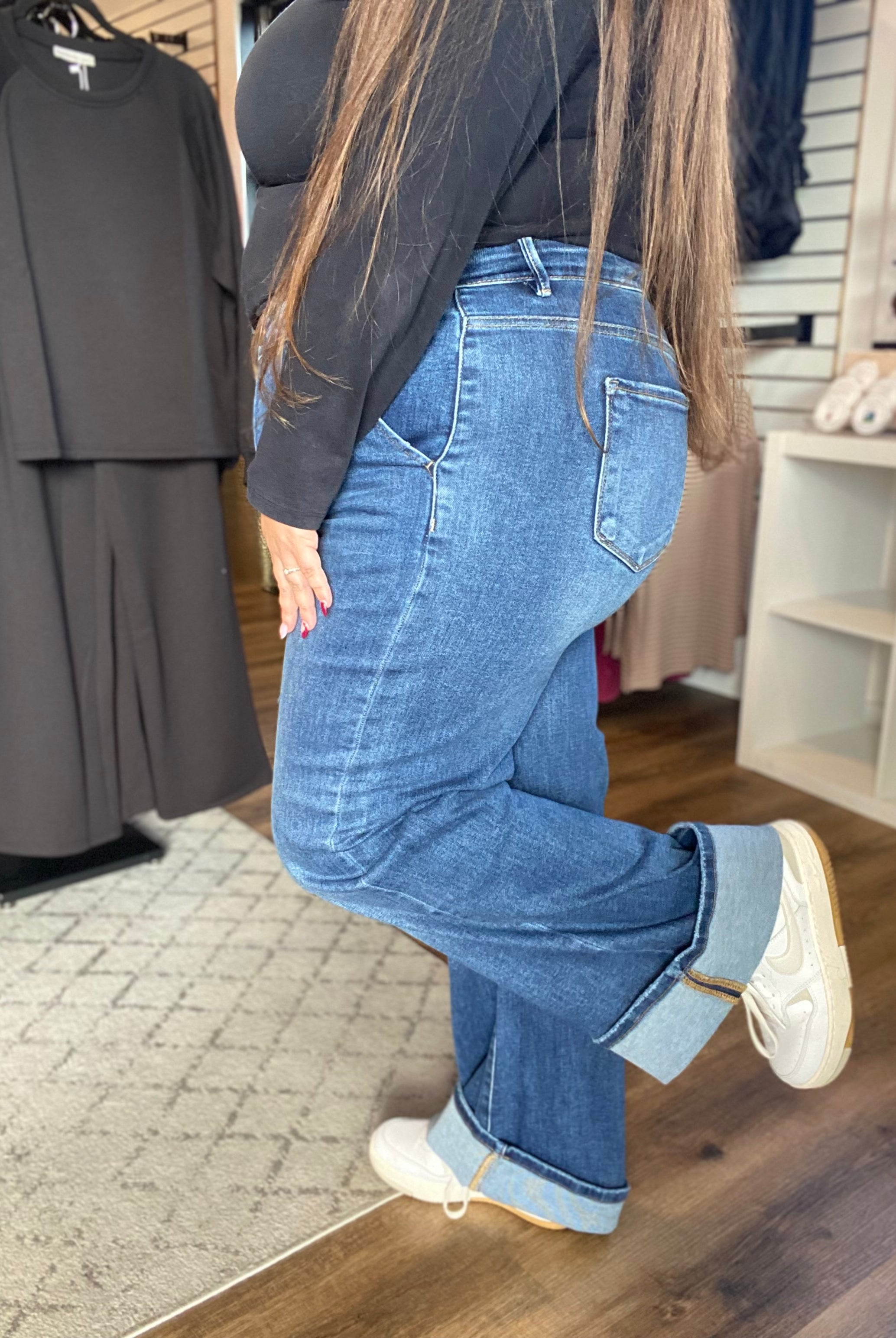 Shop High-Rise Wide Cuff Jeans with Tummy Control | Risen-1XL at Ruby Joy Boutique, a Women's Clothing Store in Pickerington, Ohio