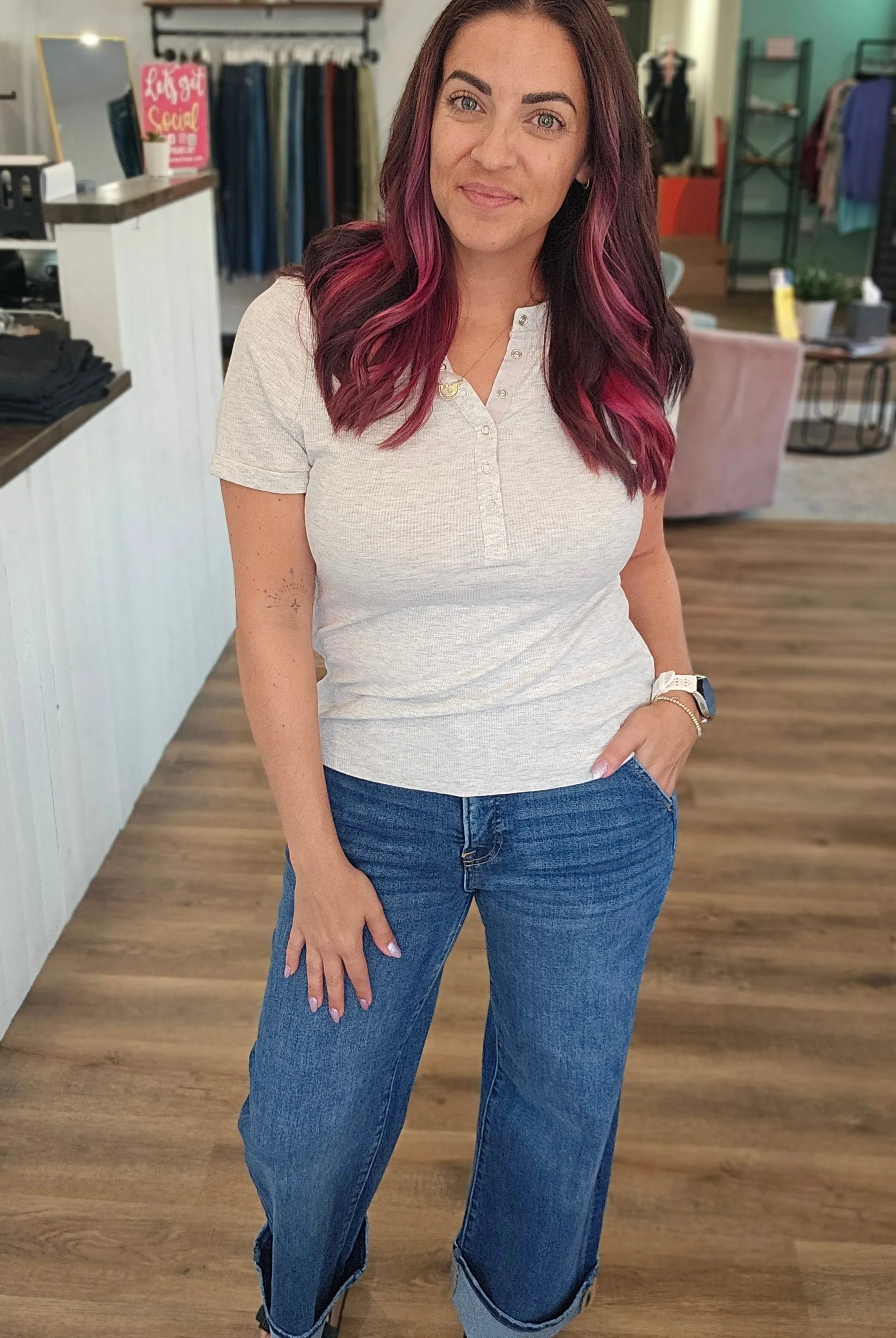 Shop High-Rise Wide Cuff Jeans with Tummy Control | Risen- at Ruby Joy Boutique, a Women's Clothing Store in Pickerington, Ohio