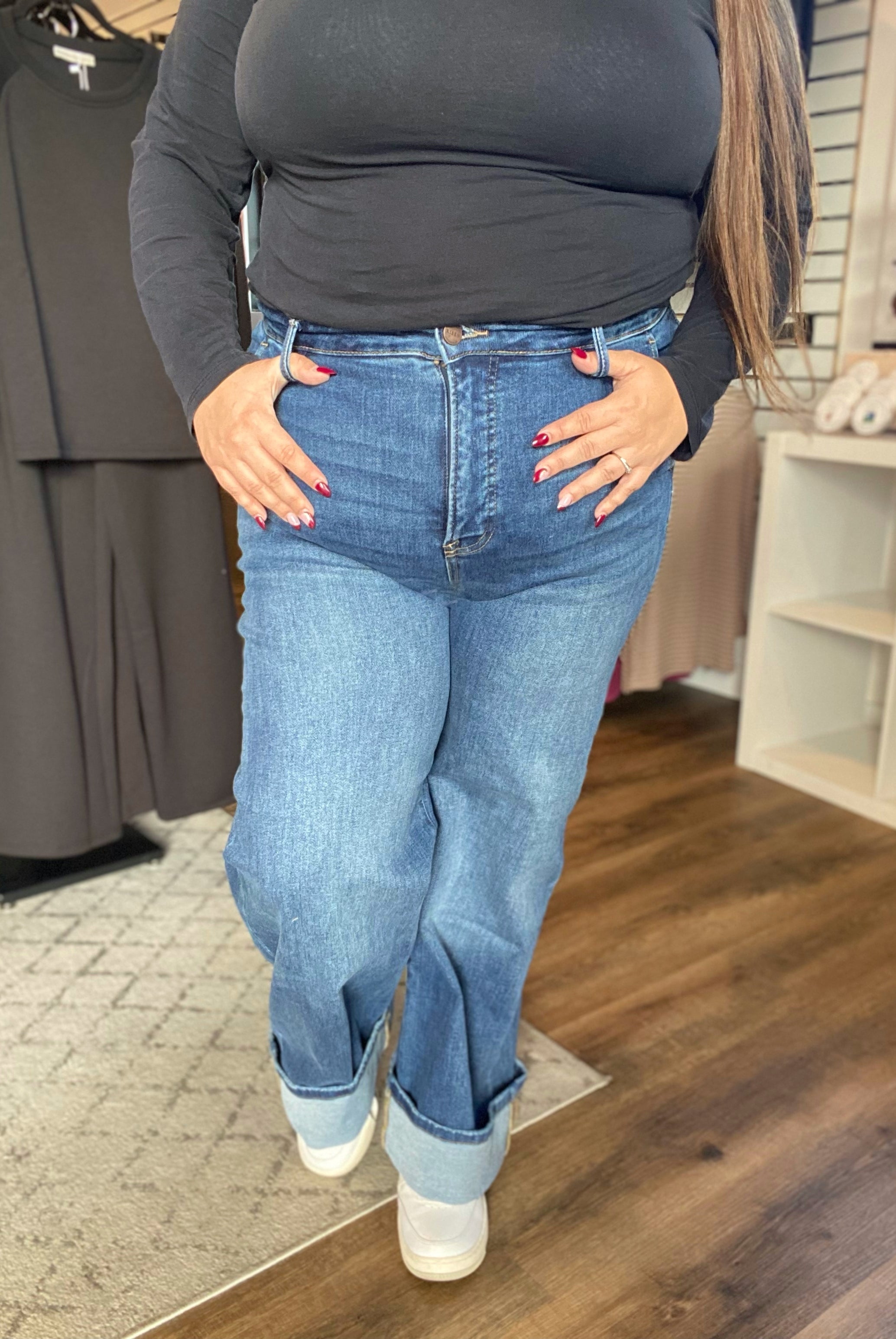 Shop High-Rise Wide Cuff Jeans with Tummy Control | Risen- at Ruby Joy Boutique, a Women's Clothing Store in Pickerington, Ohio