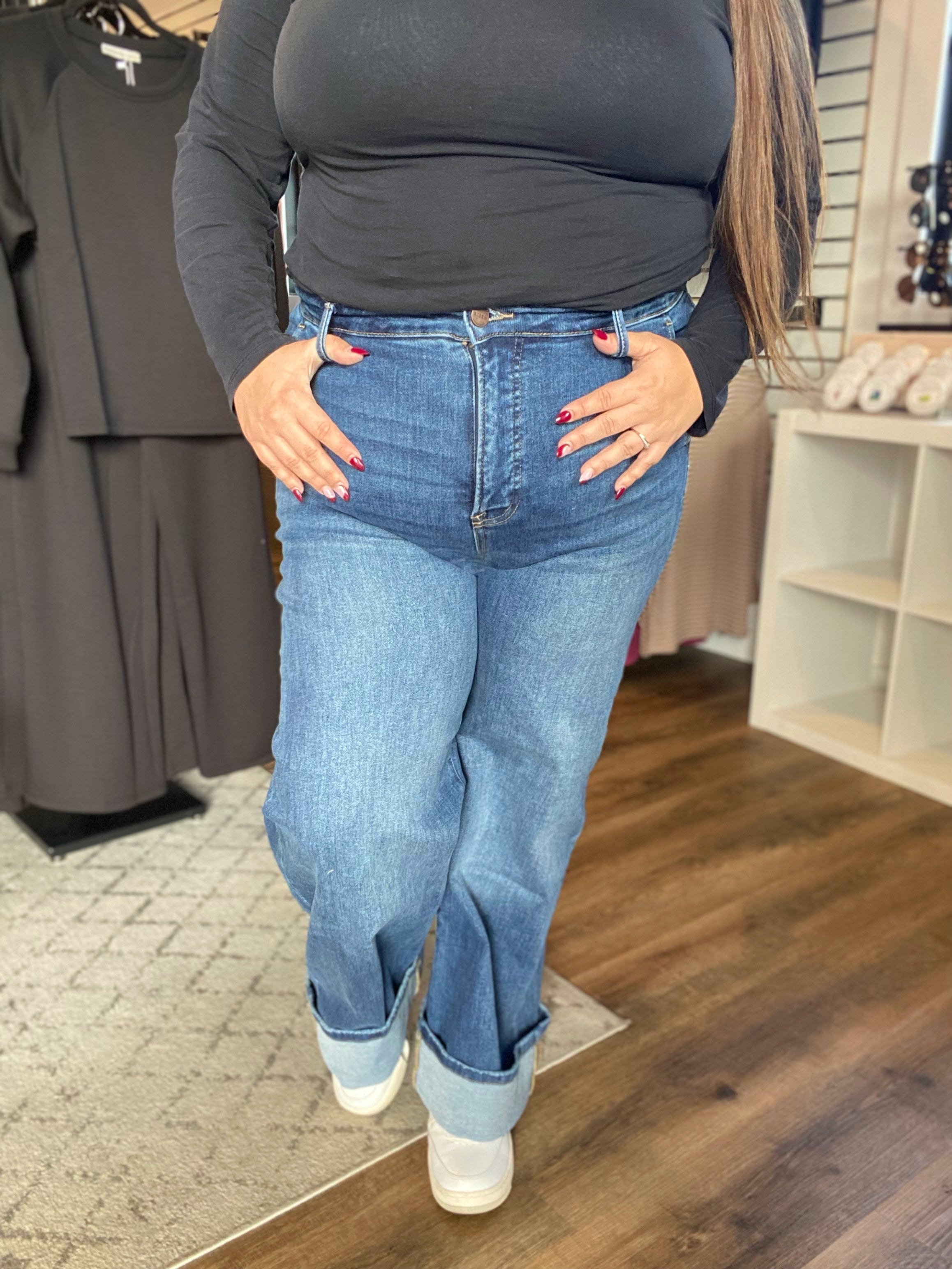 Shop High-Rise Wide Cuff Jeans with Tummy Control | Risen- at Ruby Joy Boutique, a Women's Clothing Store in Pickerington, Ohio