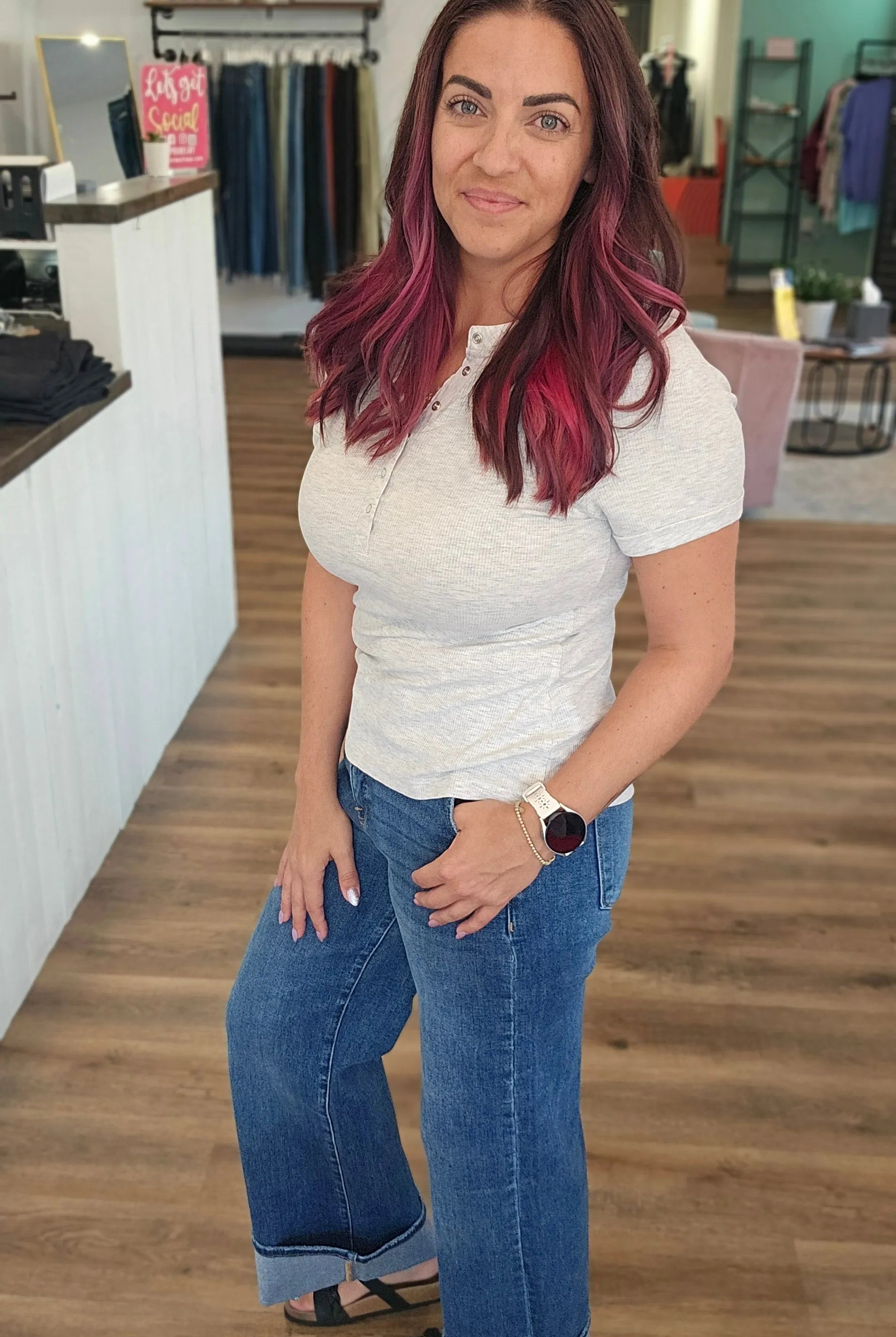 Shop High-Rise Wide Cuff Jeans with Tummy Control | Risen- at Ruby Joy Boutique, a Women's Clothing Store in Pickerington, Ohio