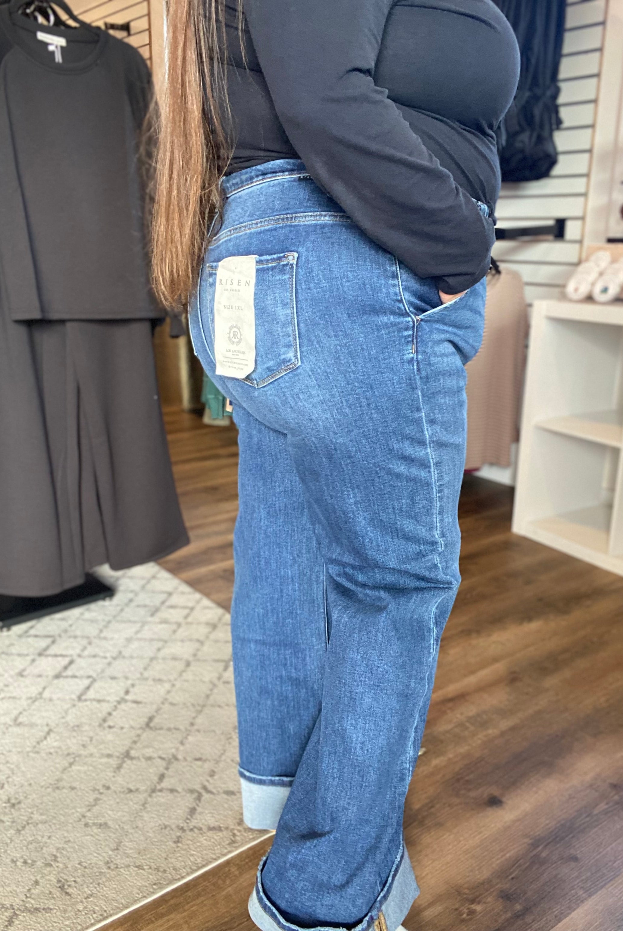 Shop High-Rise Wide Cuff Jeans with Tummy Control | Risen- at Ruby Joy Boutique, a Women's Clothing Store in Pickerington, Ohio