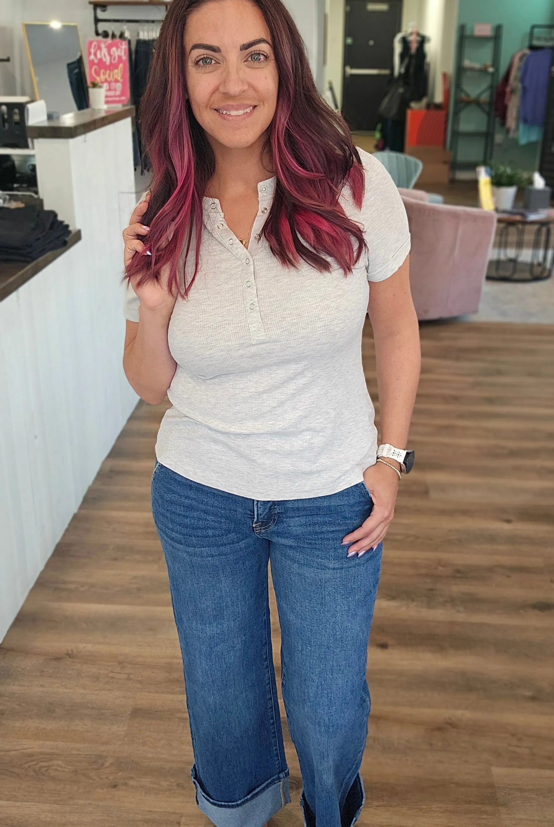 Shop High-Rise Wide Cuff Jeans with Tummy Control | Risen- at Ruby Joy Boutique, a Women's Clothing Store in Pickerington, Ohio