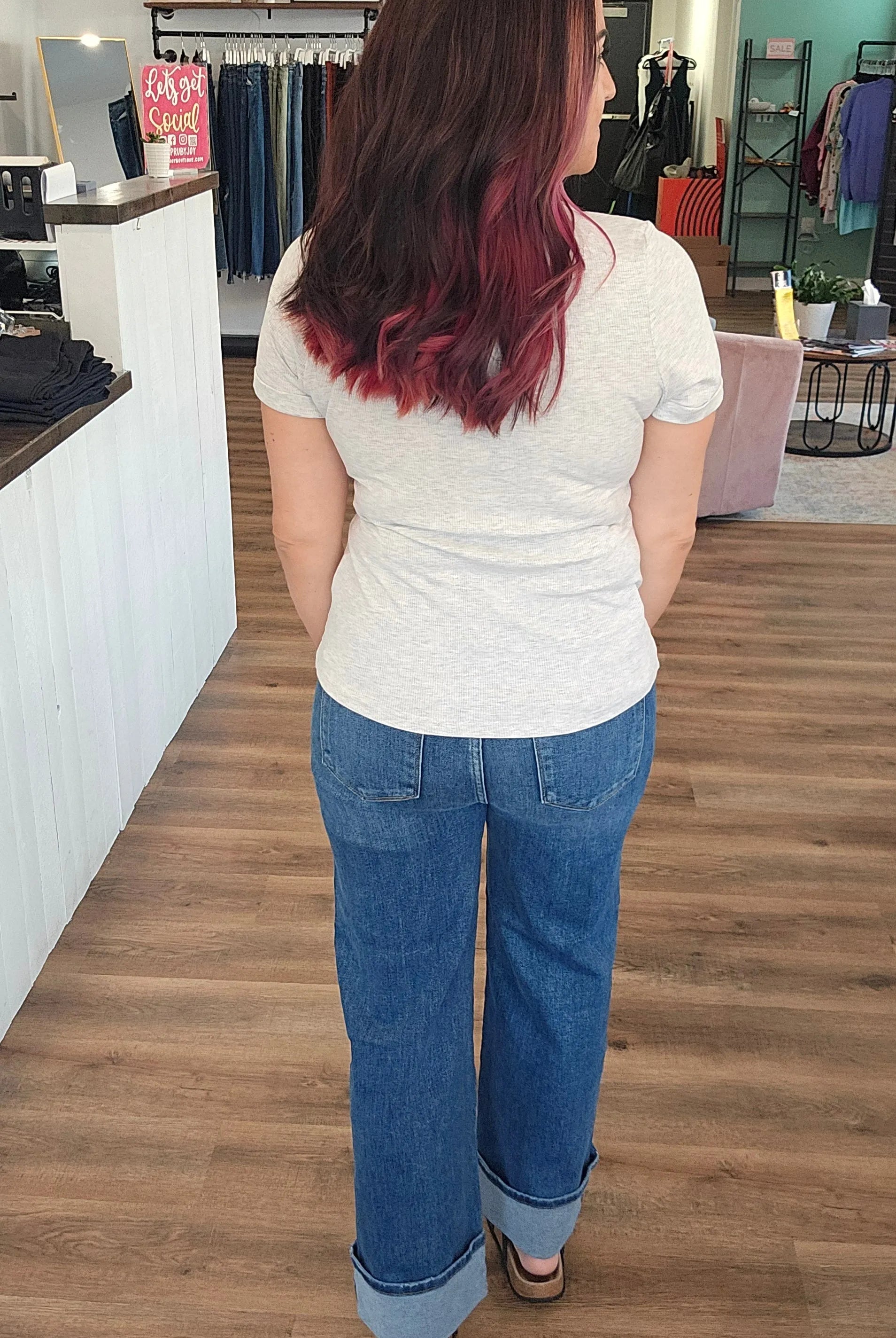Shop High-Rise Wide Cuff Jeans with Tummy Control | Risen- at Ruby Joy Boutique, a Women's Clothing Store in Pickerington, Ohio