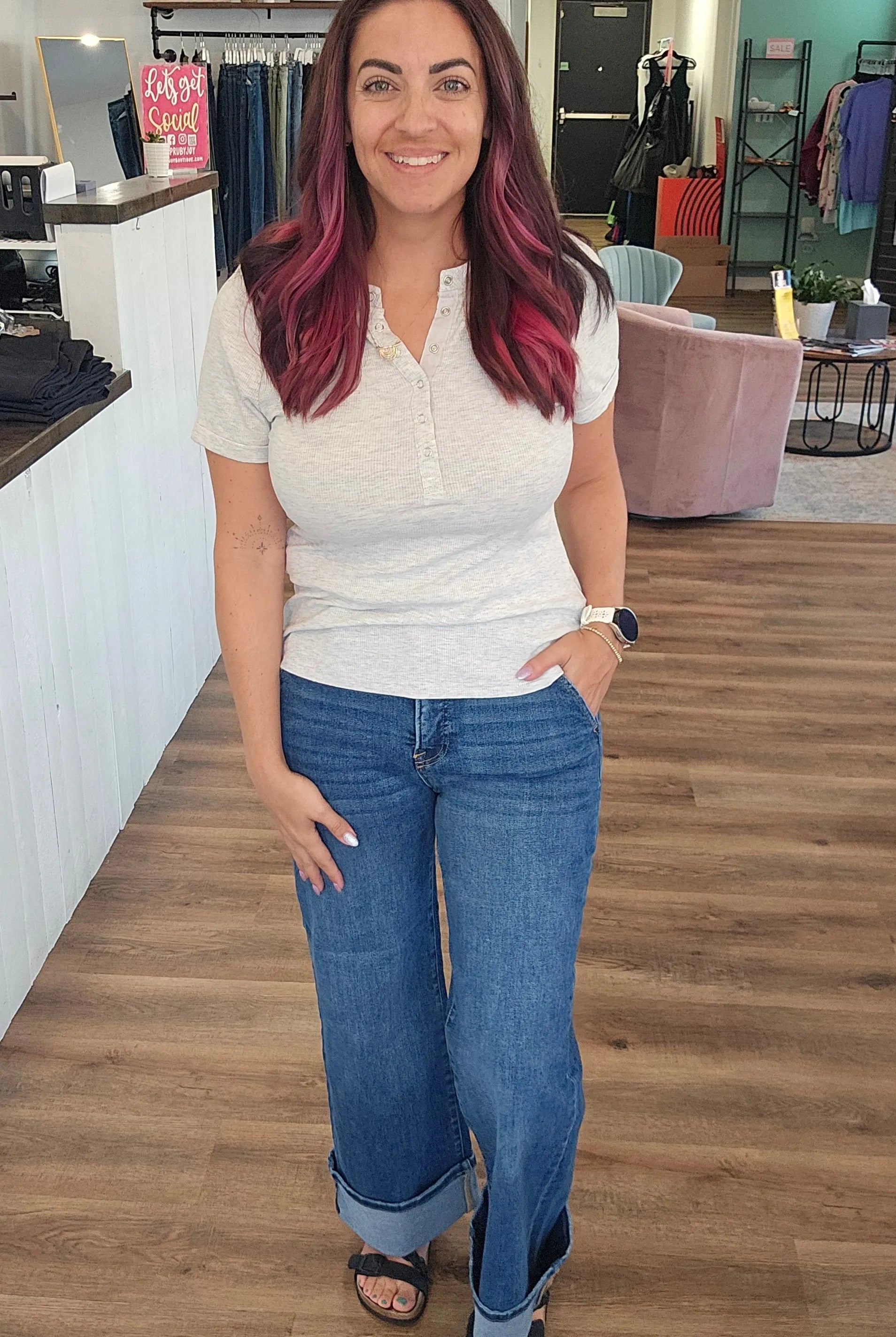 Shop High-Rise Wide Cuff Jeans with Tummy Control | Risen- at Ruby Joy Boutique, a Women's Clothing Store in Pickerington, Ohio