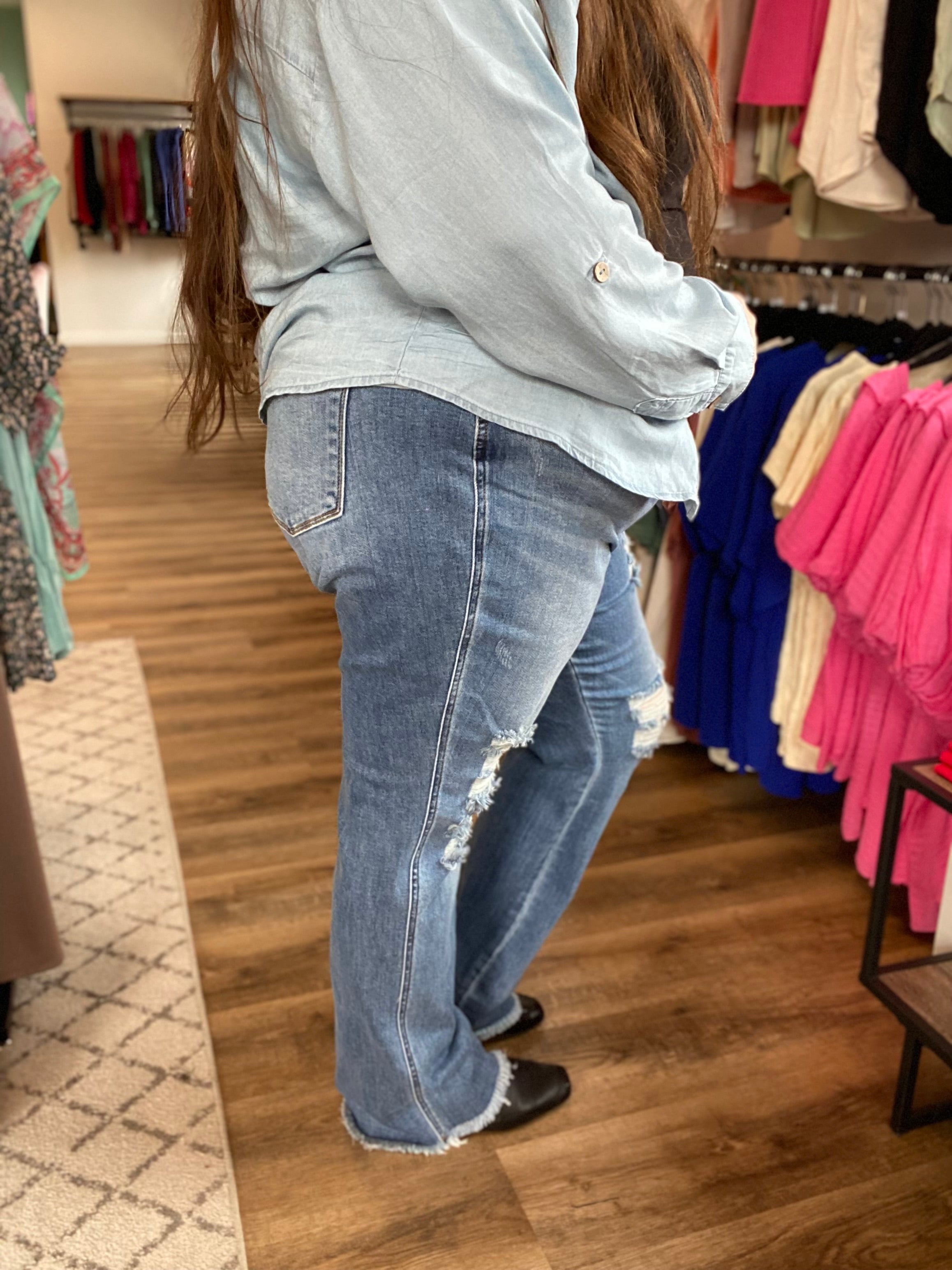 Shop High Waist Destroy Hem Bootcut Jeans | Judy Blue-Denim at Ruby Joy Boutique, a Women's Clothing Store in Pickerington, Ohio