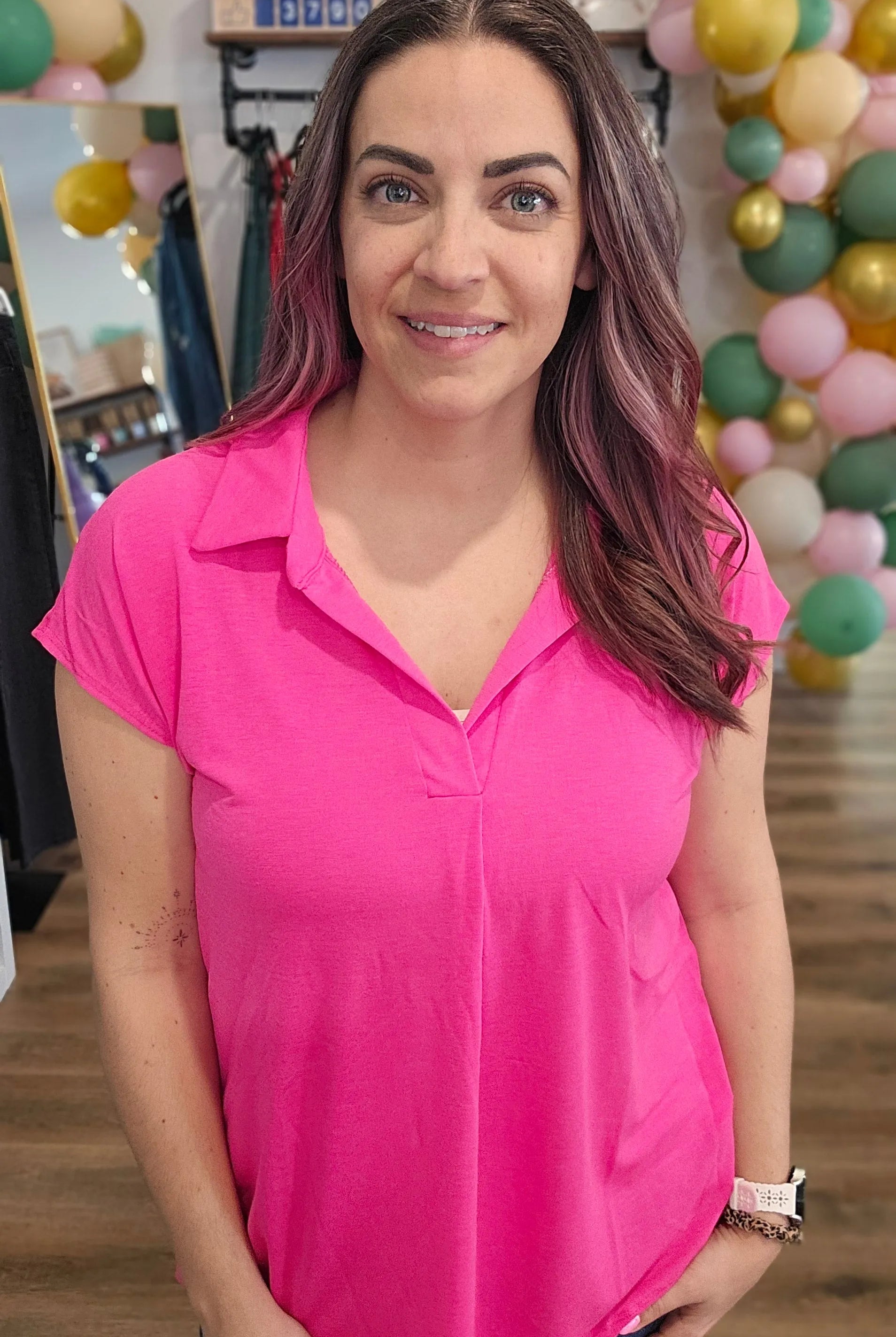 Shop Hot Pink Notch Neck Collared Top- at Ruby Joy Boutique, a Women's Clothing Store in Pickerington, Ohio