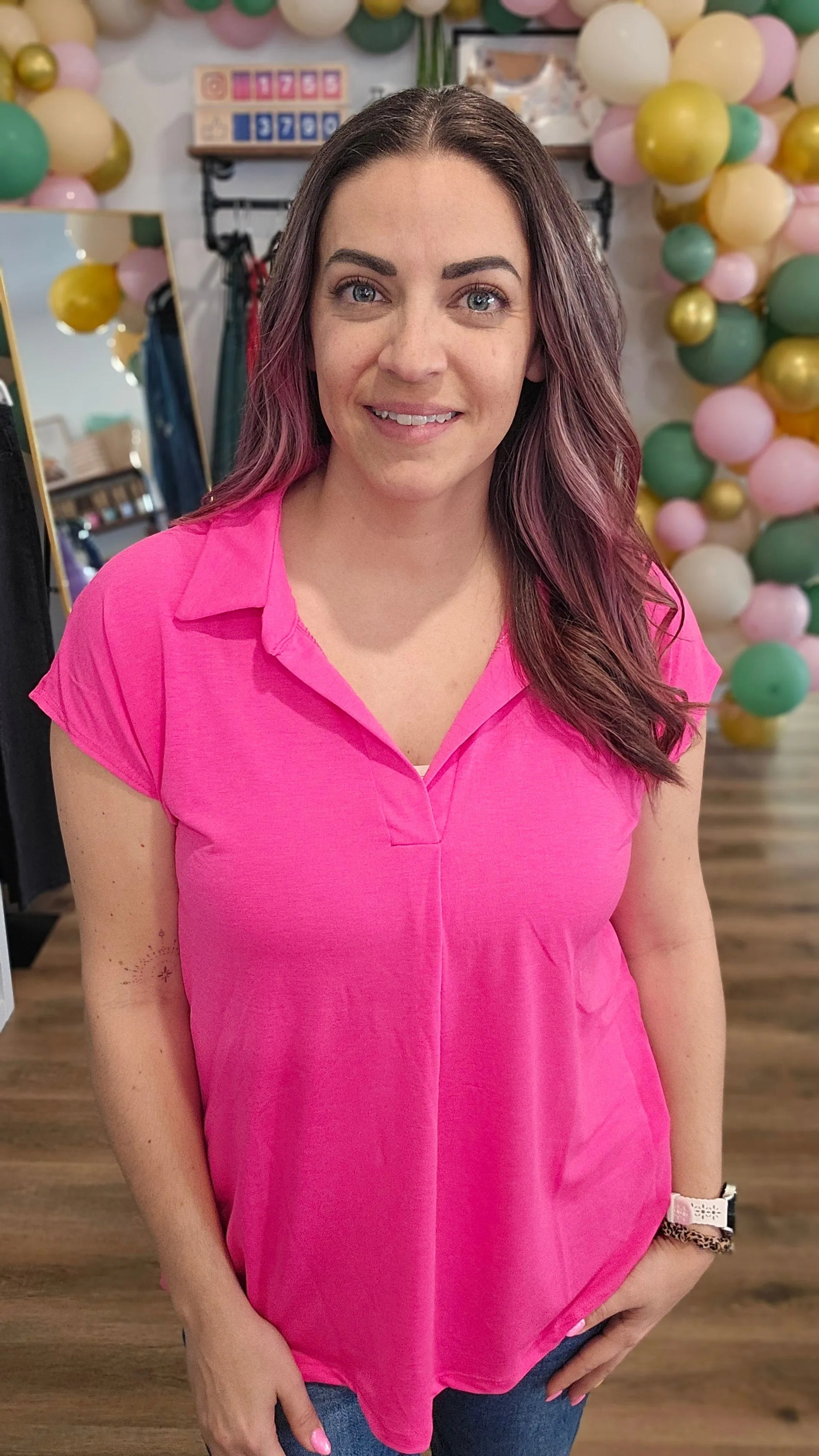 Shop Hot Pink Notch Neck Collared Top- at Ruby Joy Boutique, a Women's Clothing Store in Pickerington, Ohio