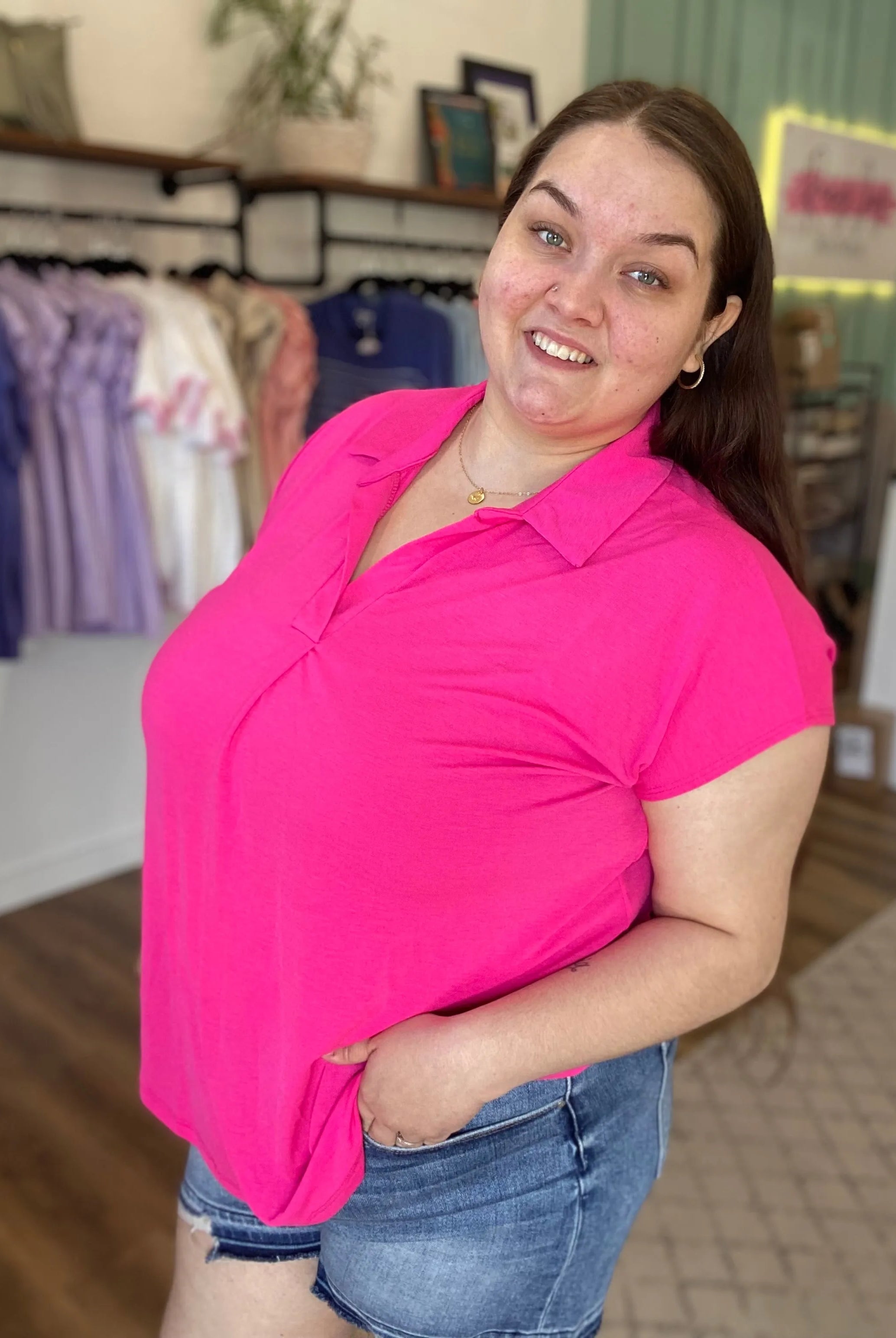 Shop Hot Pink Notch Neck Collared Top- at Ruby Joy Boutique, a Women's Clothing Store in Pickerington, Ohio