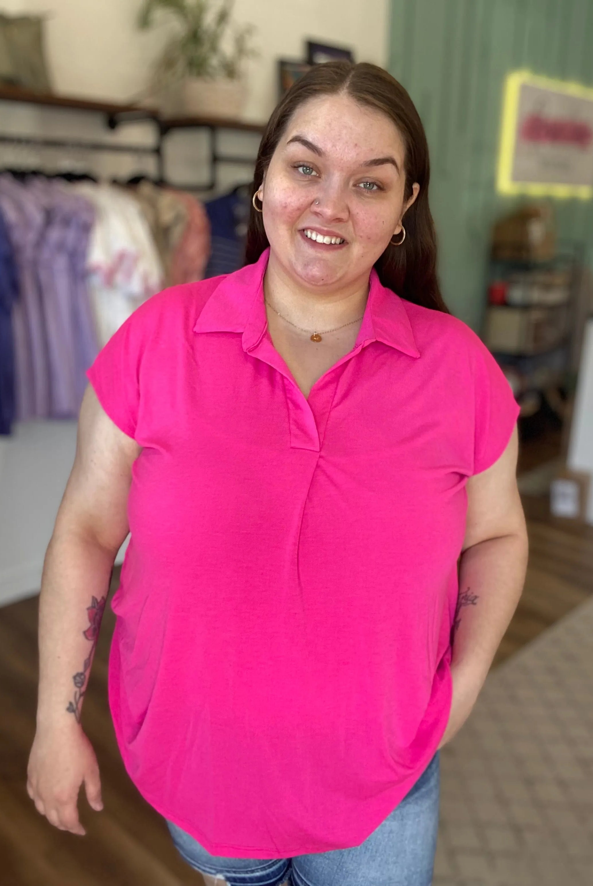 Shop Hot Pink Notch Neck Collared Top- at Ruby Joy Boutique, a Women's Clothing Store in Pickerington, Ohio