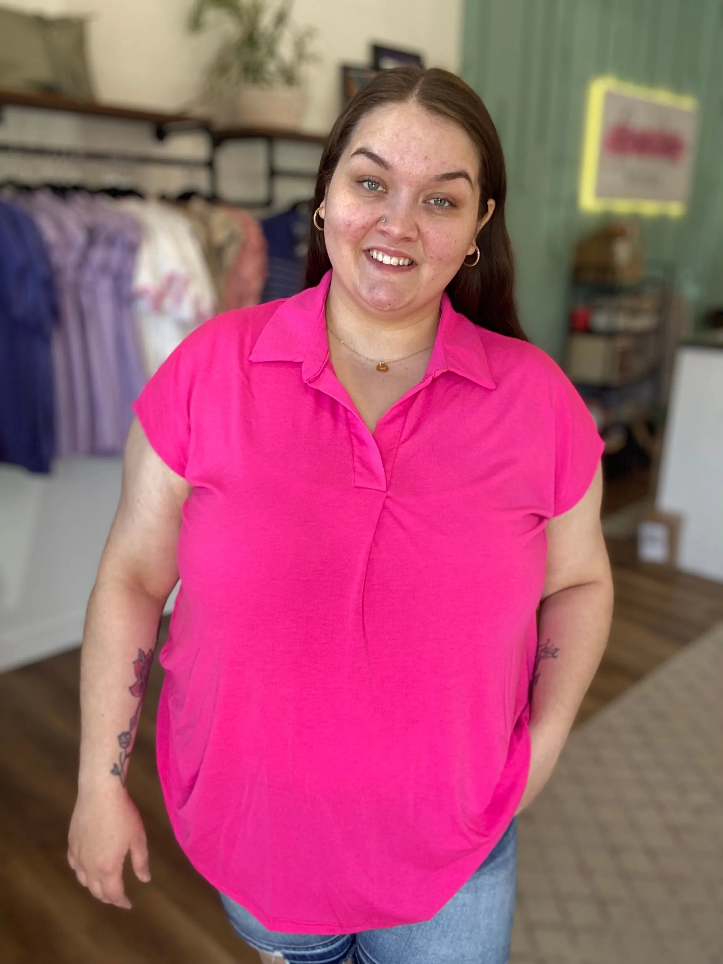Shop Hot Pink Notch Neck Collared Top- at Ruby Joy Boutique, a Women's Clothing Store in Pickerington, Ohio