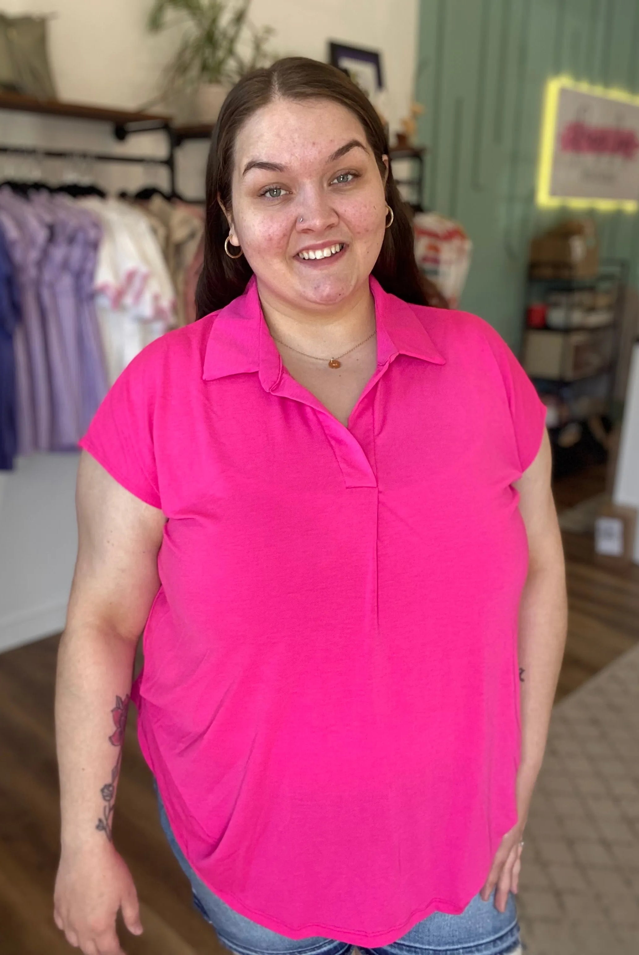 Shop Hot Pink Notch Neck Collared Top- at Ruby Joy Boutique, a Women's Clothing Store in Pickerington, Ohio