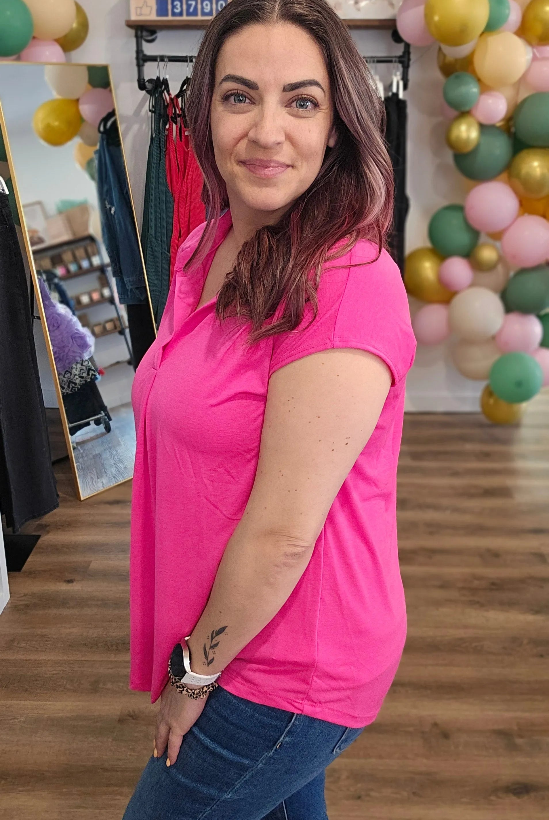 Shop Hot Pink Notch Neck Collared Top- at Ruby Joy Boutique, a Women's Clothing Store in Pickerington, Ohio