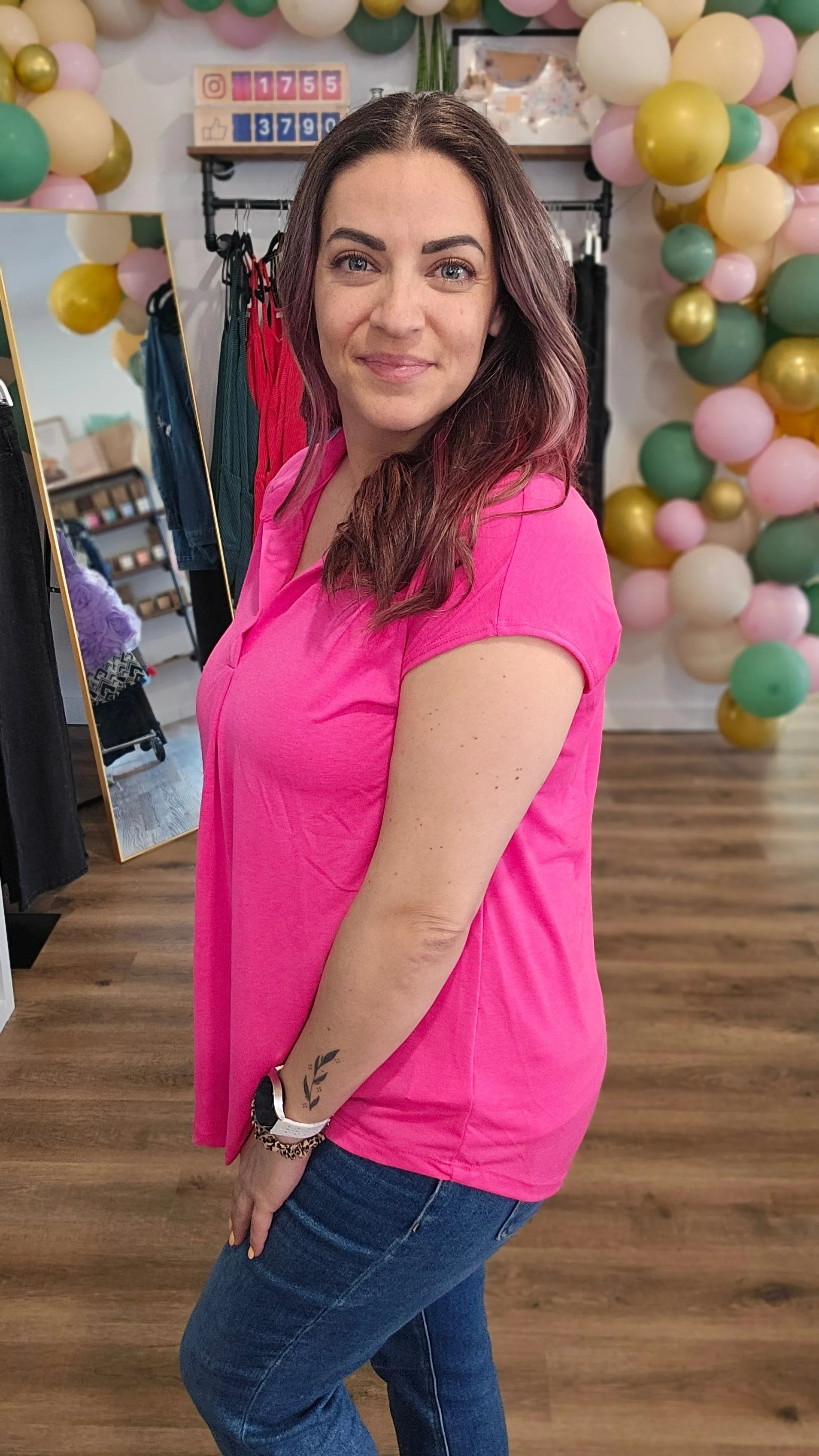 Shop Hot Pink Notch Neck Collared Top- at Ruby Joy Boutique, a Women's Clothing Store in Pickerington, Ohio