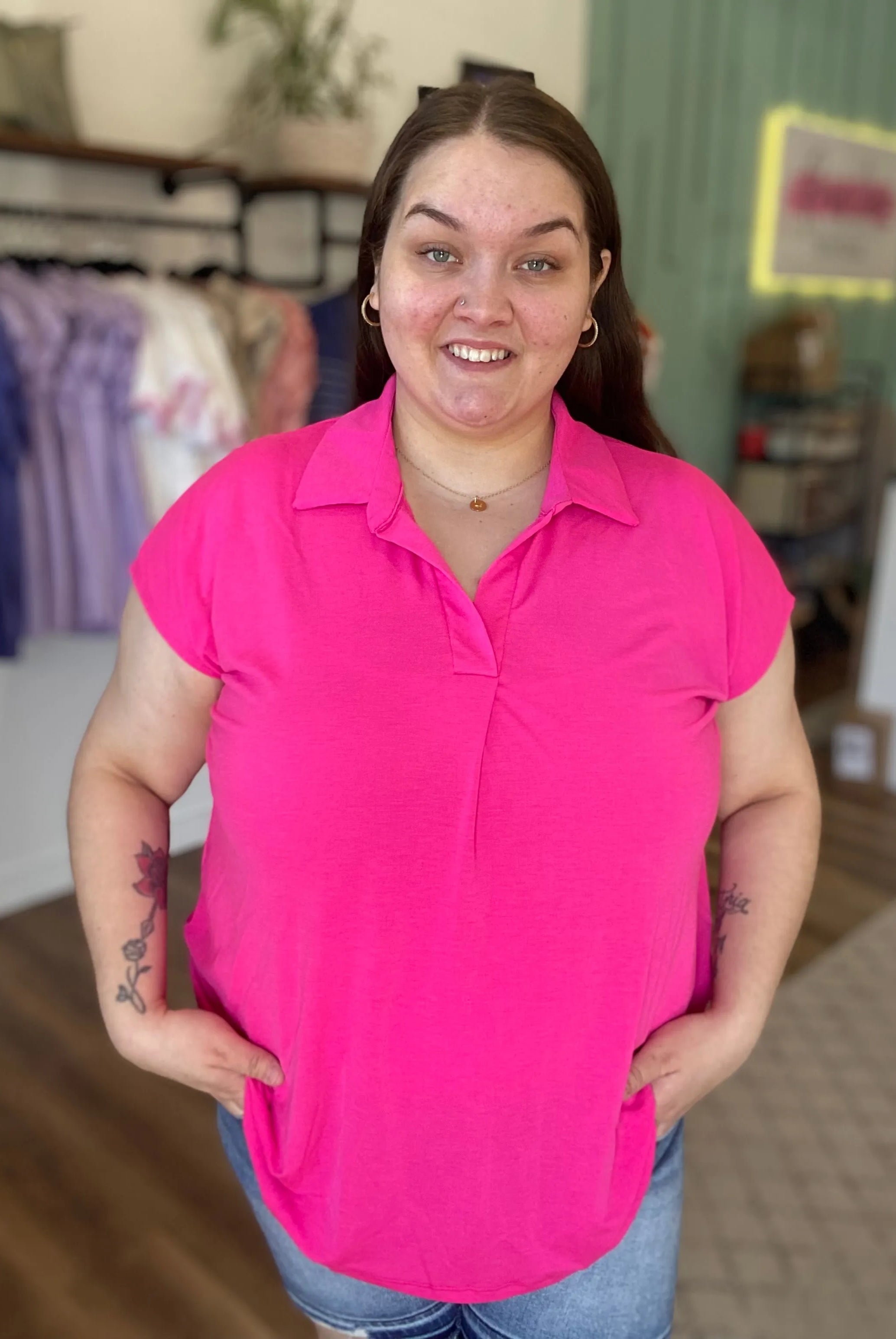 Shop Hot Pink Notch Neck Collared Top-XL at Ruby Joy Boutique, a Women's Clothing Store in Pickerington, Ohio