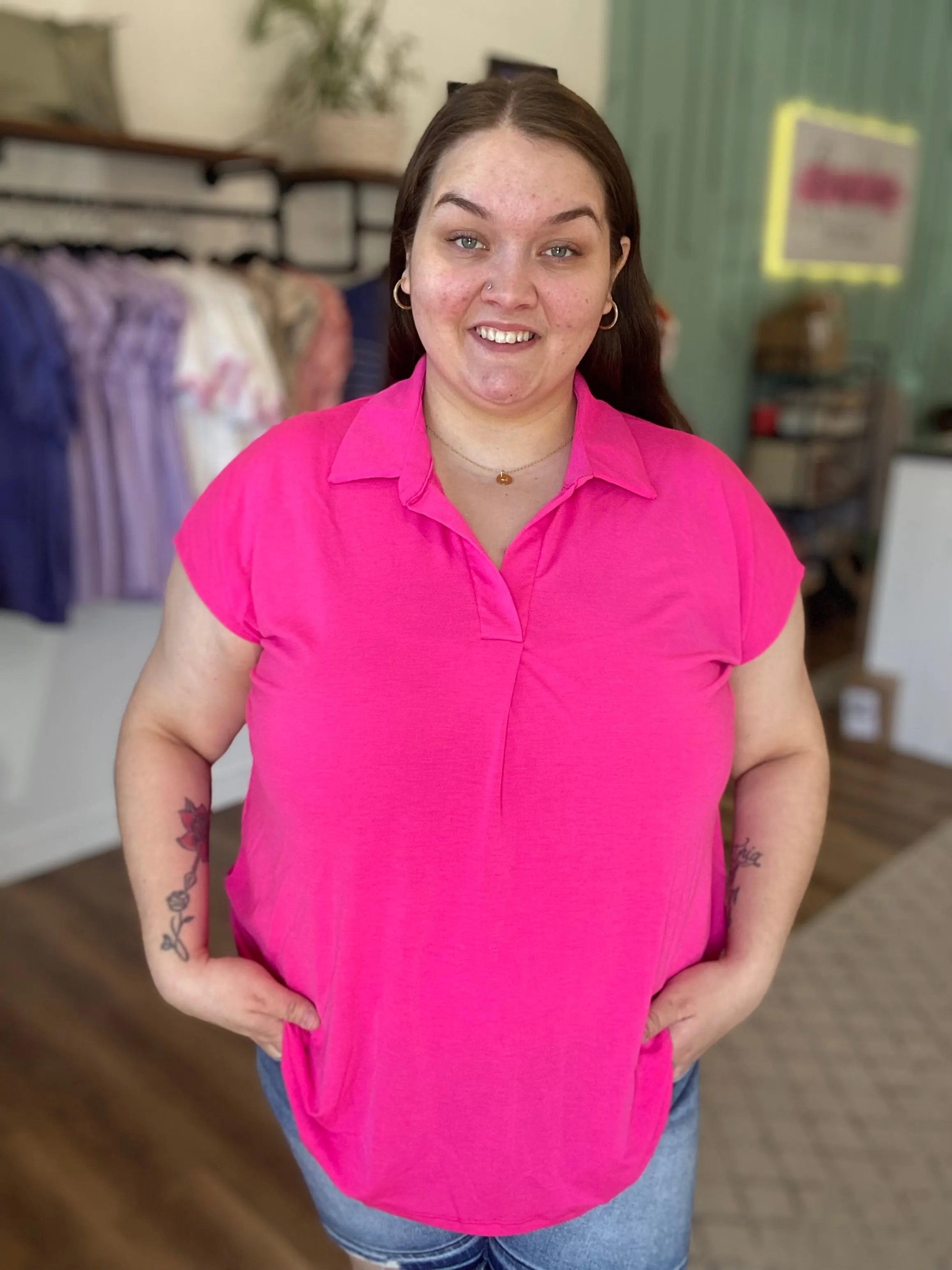 Shop Hot Pink Notch Neck Collared Top-XL at Ruby Joy Boutique, a Women's Clothing Store in Pickerington, Ohio